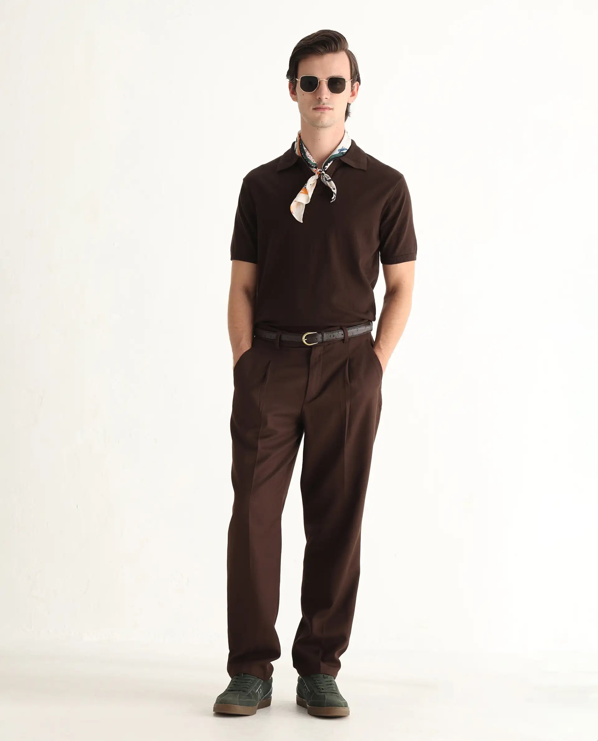 Rare Rabbit Men's Teny Dark Brown Cotton Blend Plain Regular Fit Half Sleeve Polo