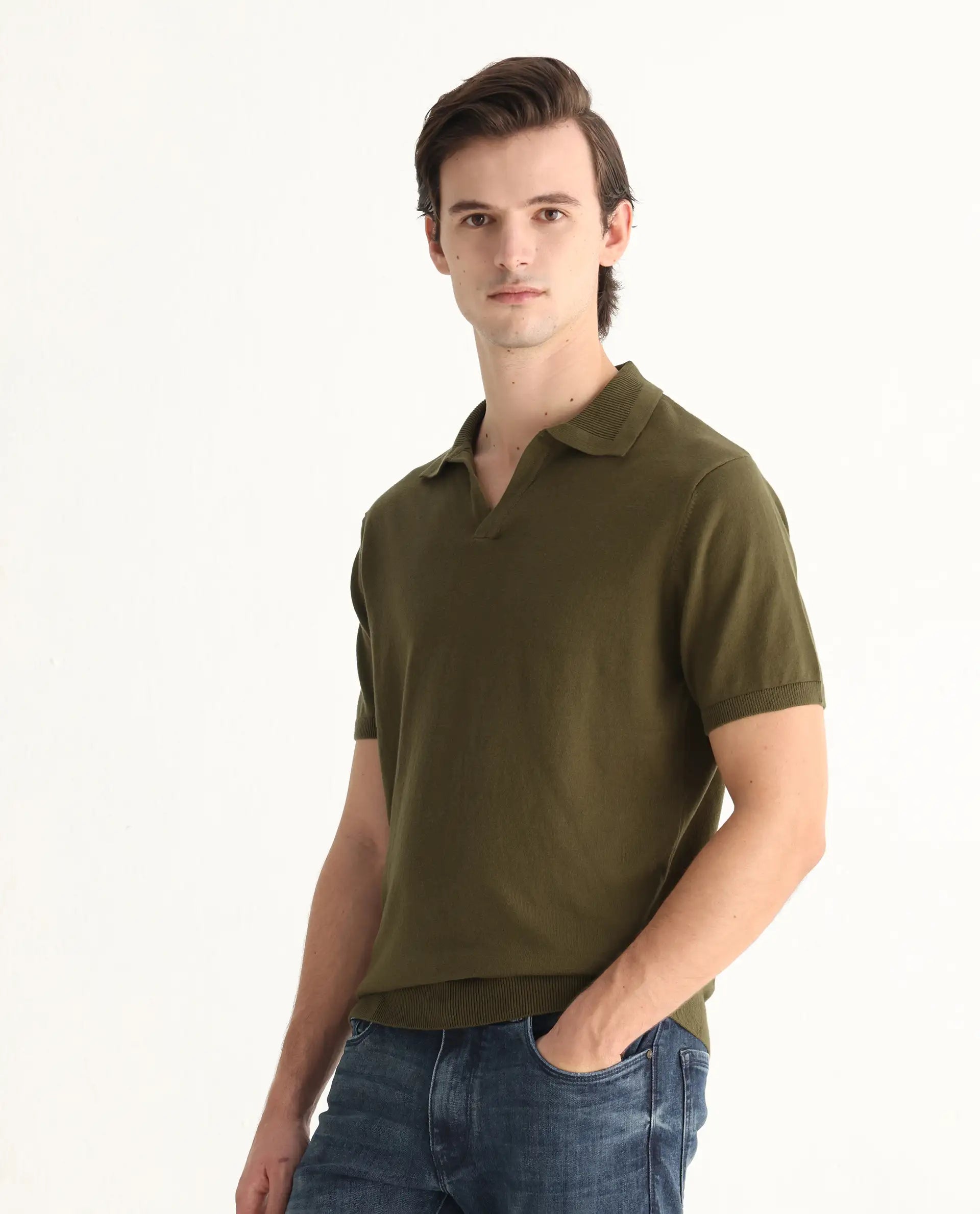 Rare Rabbit Men's Teny Olive Cotton Blend Plain Regular Fit Half Sleeve Polo