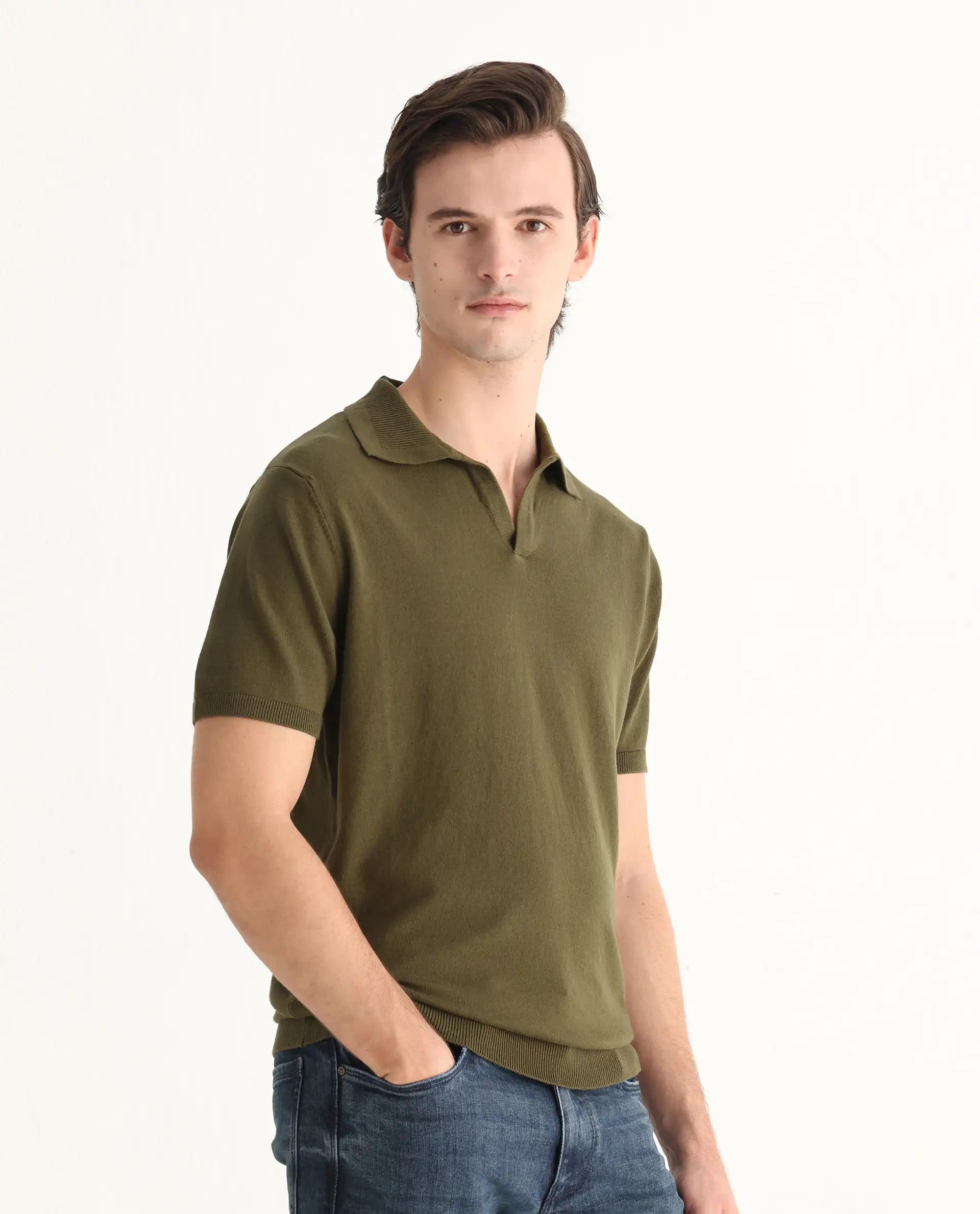 Rare Rabbit Men's Teny Olive Cotton Blend Plain Regular Fit Half Sleeve Polo
