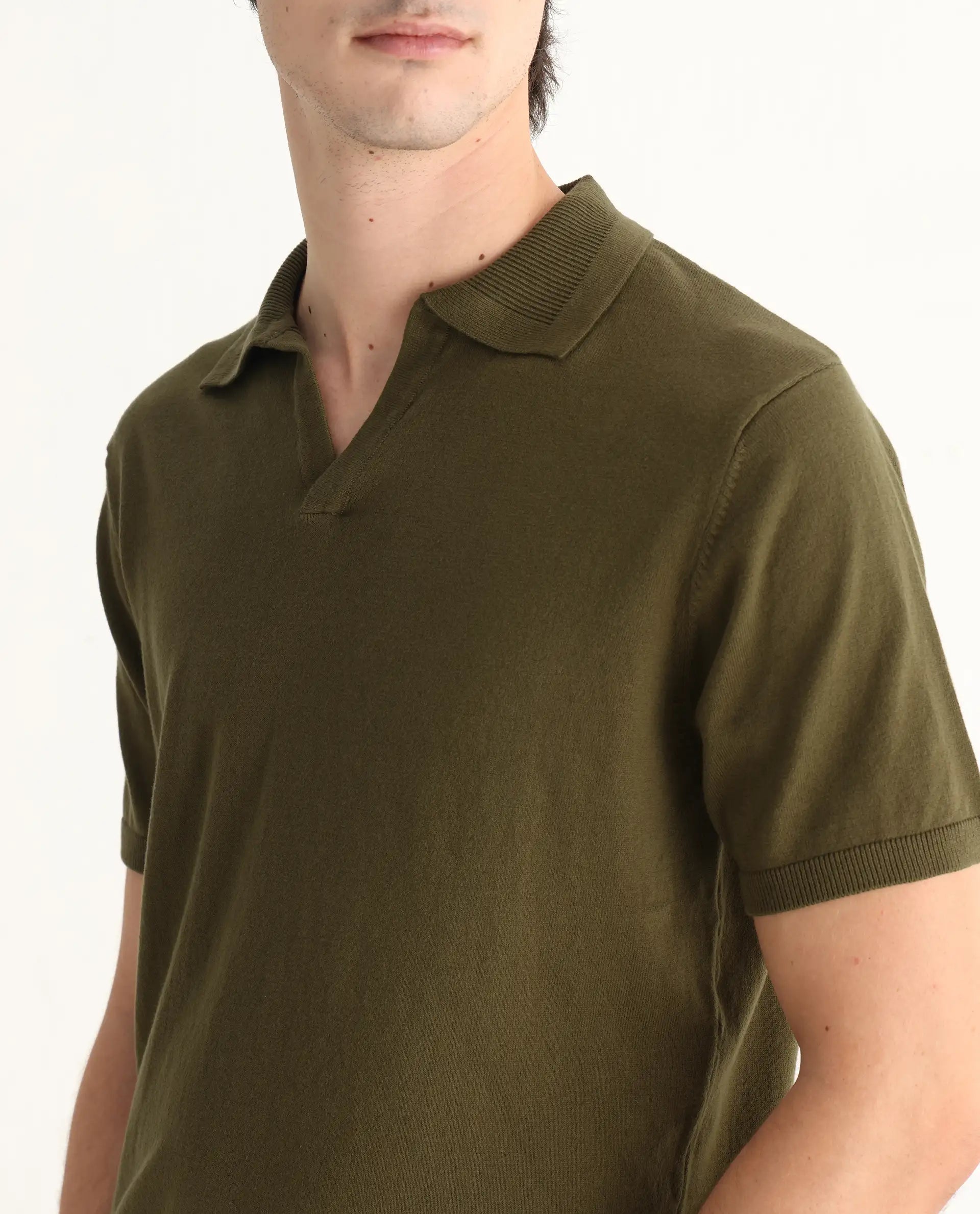 Rare Rabbit Men's Teny Olive Cotton Blend Plain Regular Fit Half Sleeve Polo