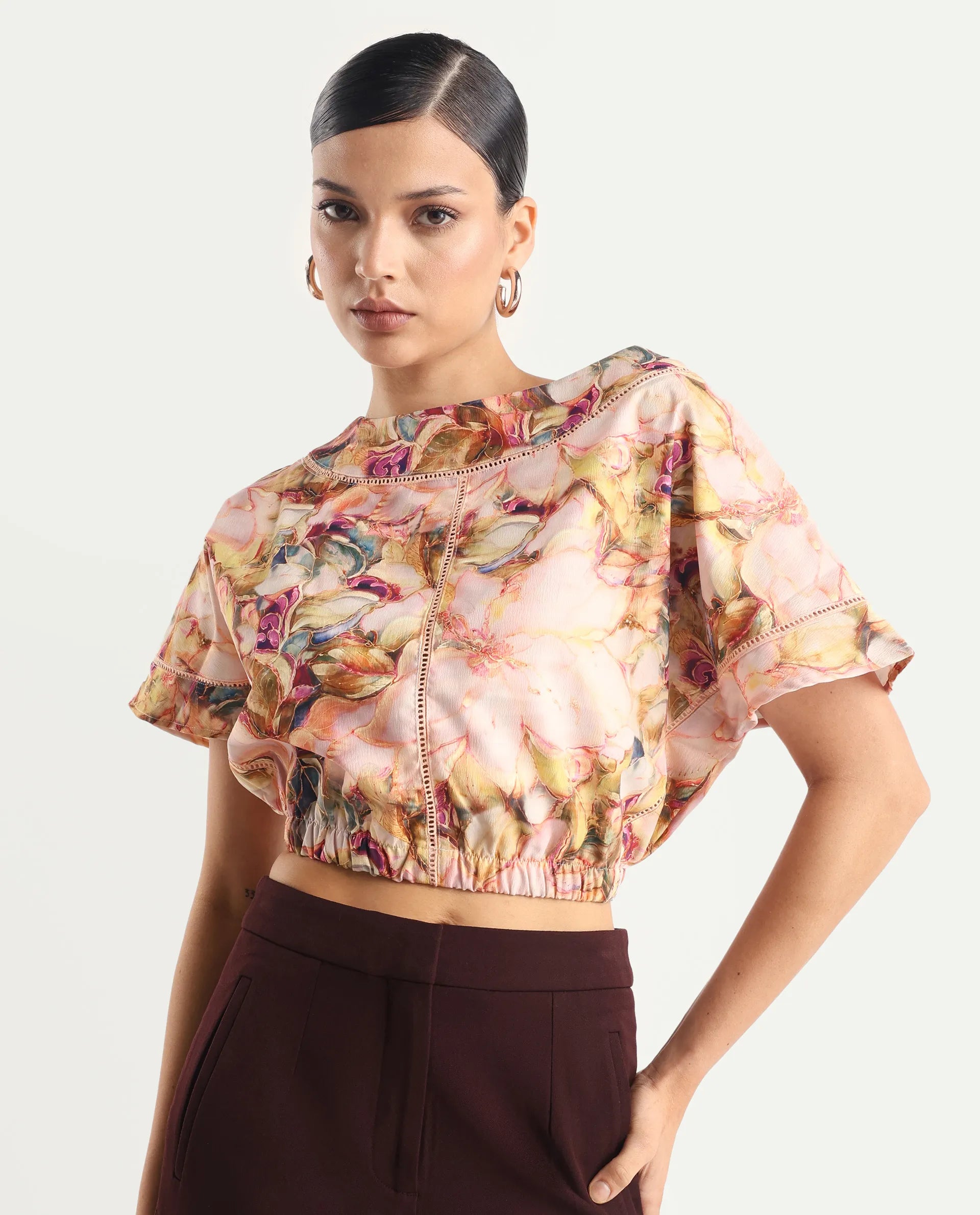 Rareism Women's Terni Multi Polyester Blend Boat Neck Floral Print Extended Sleeves Regular Fit Top