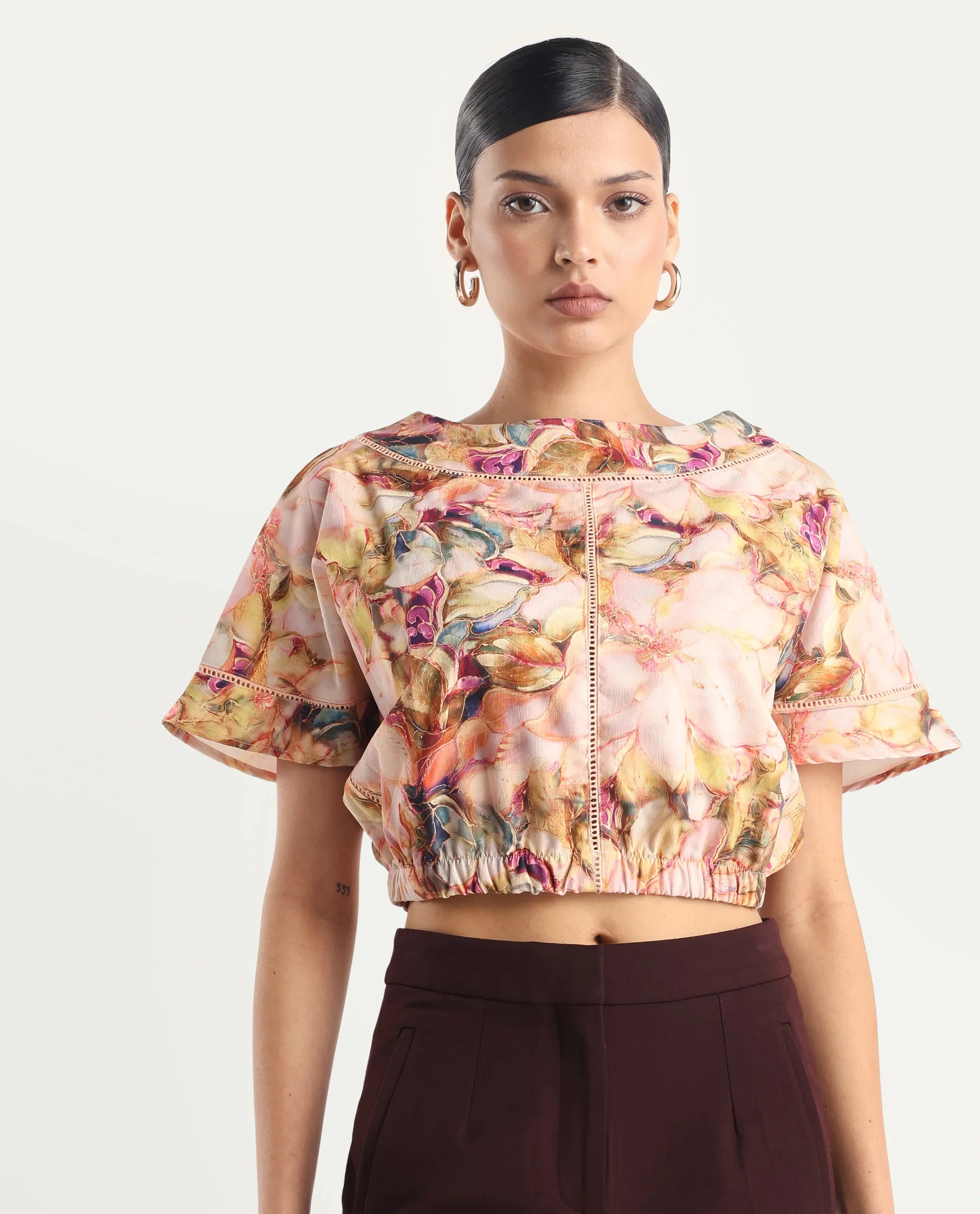 Rareism Women's Terni Multi Polyester Blend Boat Neck Floral Print Extended Sleeves Regular Fit Top