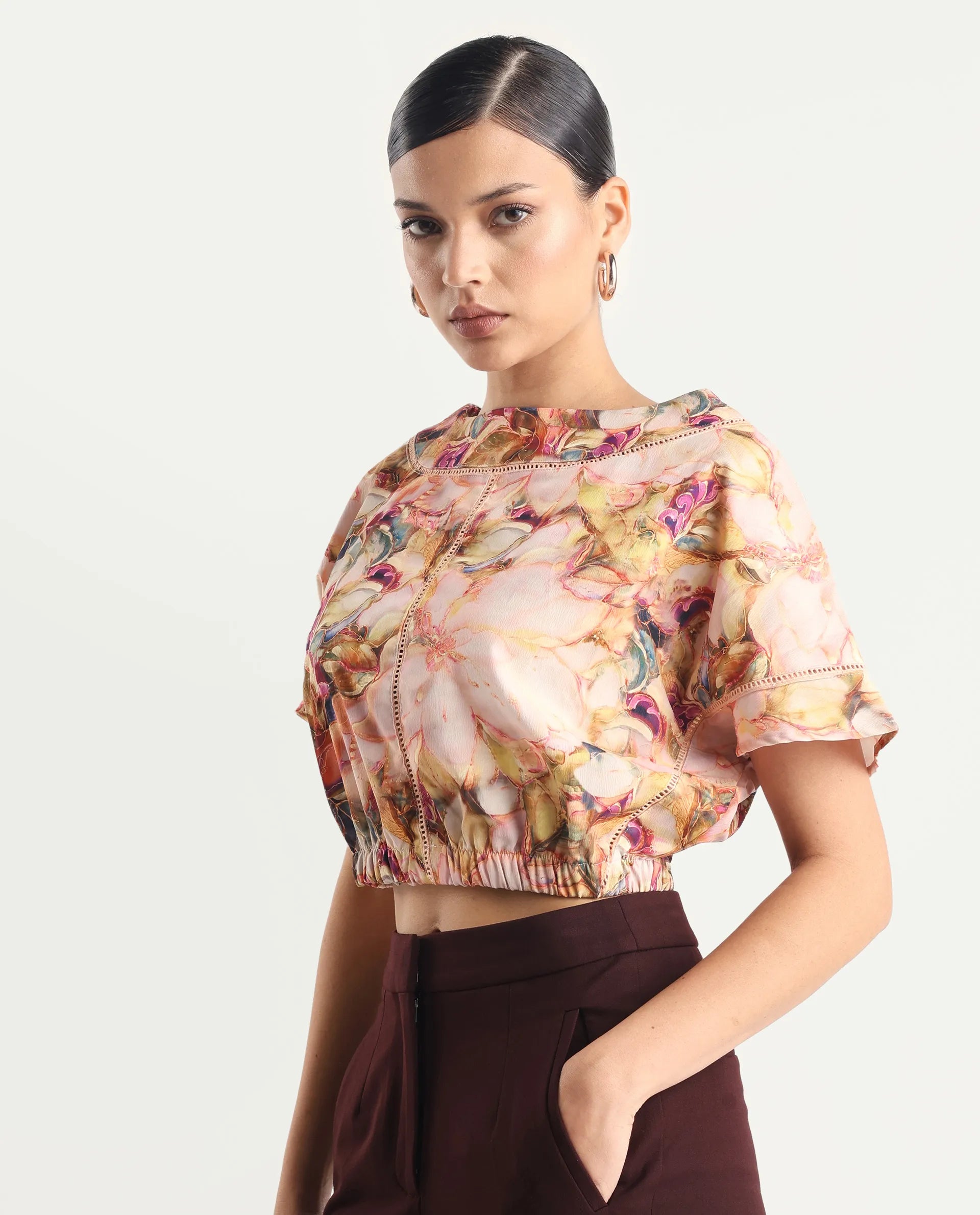 Rareism Women's Terni Multi Polyester Blend Boat Neck Floral Print Extended Sleeves Regular Fit Top