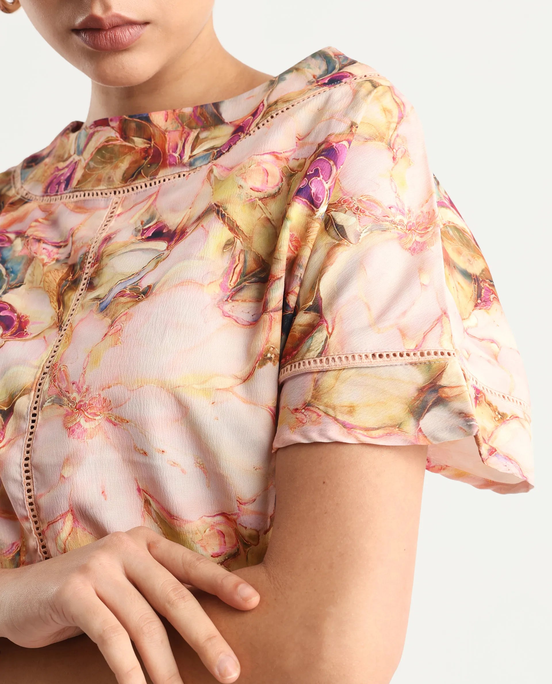 Rareism Women's Terni Multi Polyester Blend Boat Neck Floral Print Extended Sleeves Regular Fit Top