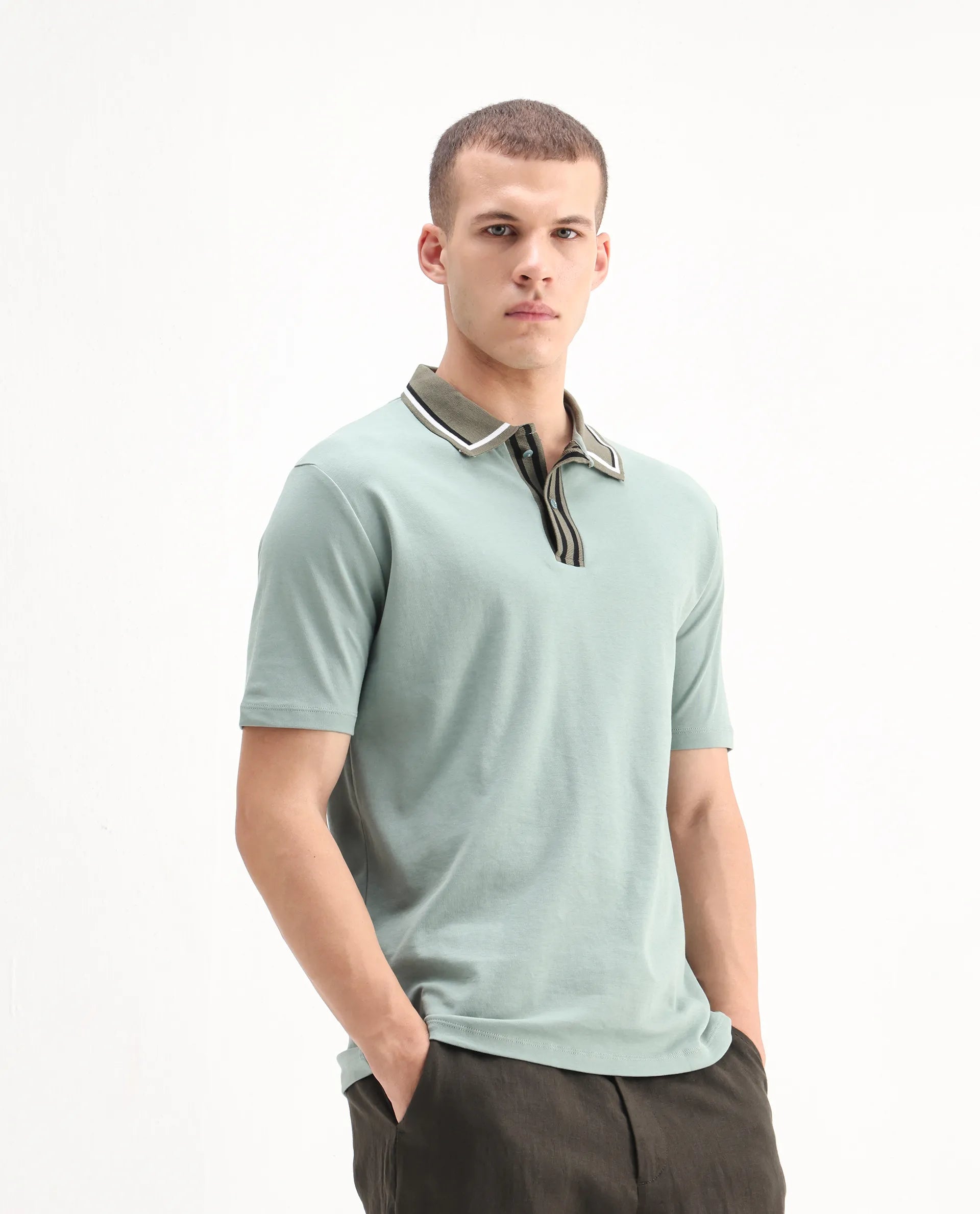 Rare Rabbit Men's Territ Dusky Turq Cotton Plain Regular Fit Half Sleeve Polo