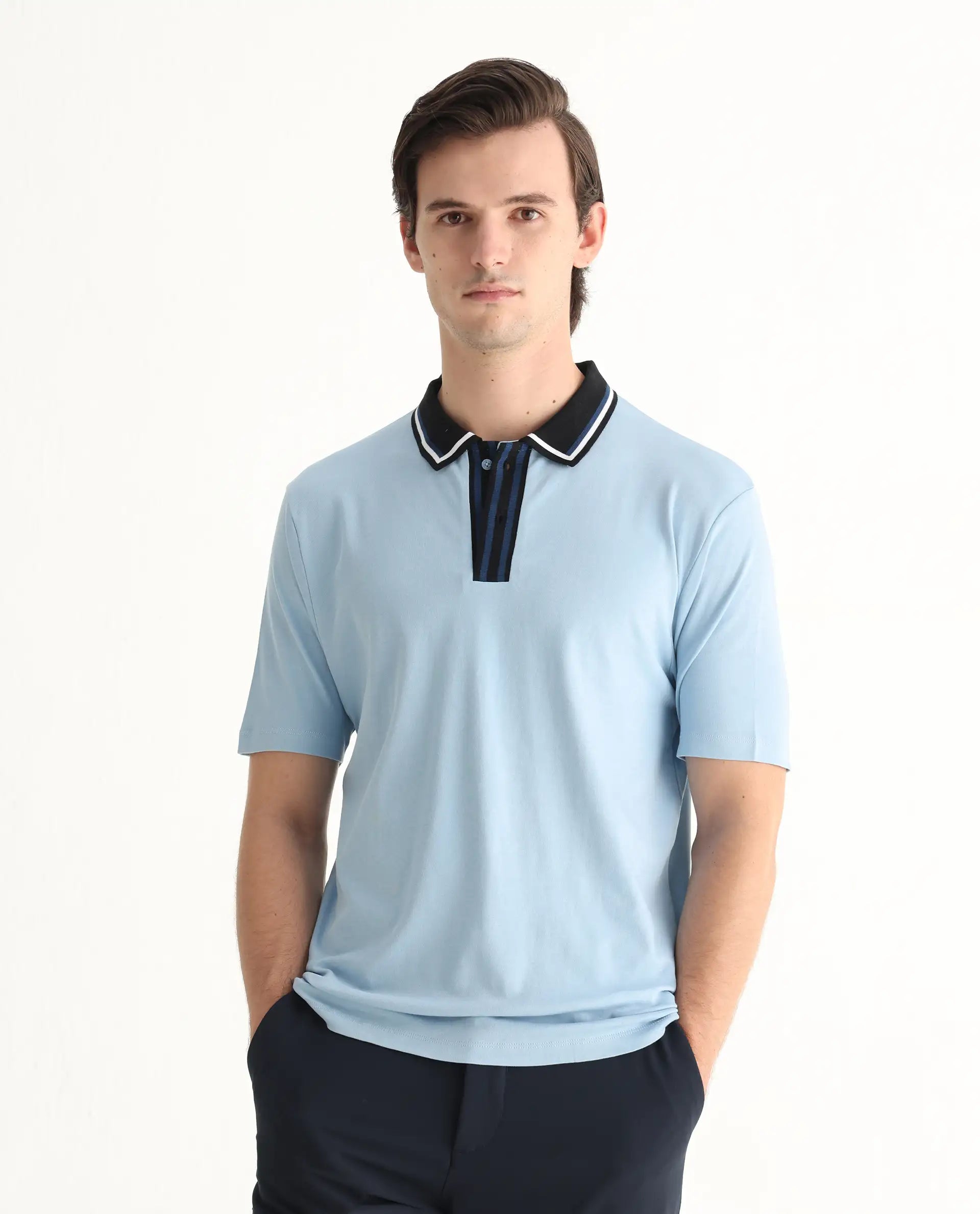 Rare Rabbit Men's Territ Light Blue Cotton Plain Regular Fit Half Sleeve Polo