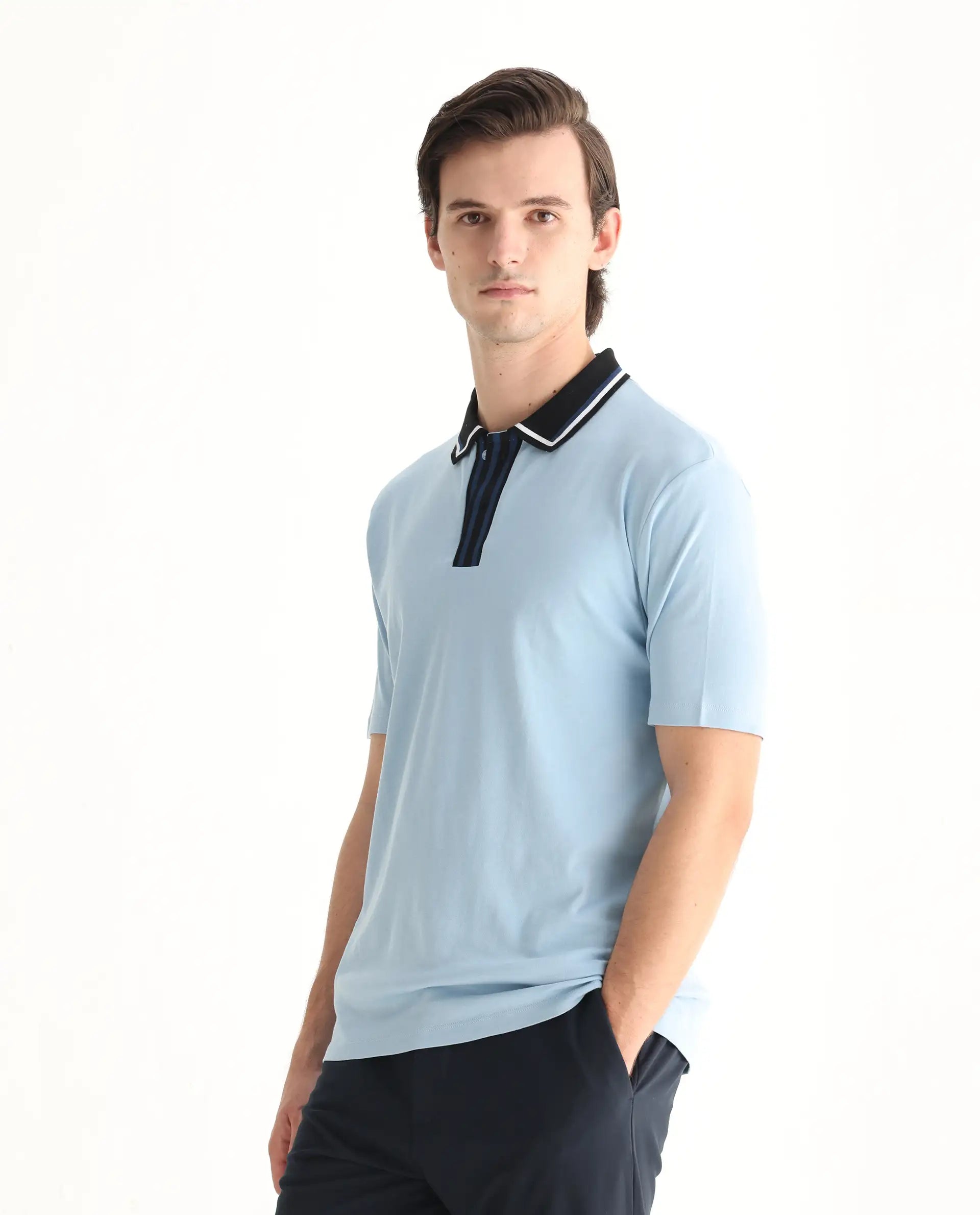 Rare Rabbit Men's Territ Light Blue Cotton Plain Regular Fit Half Sleeve Polo