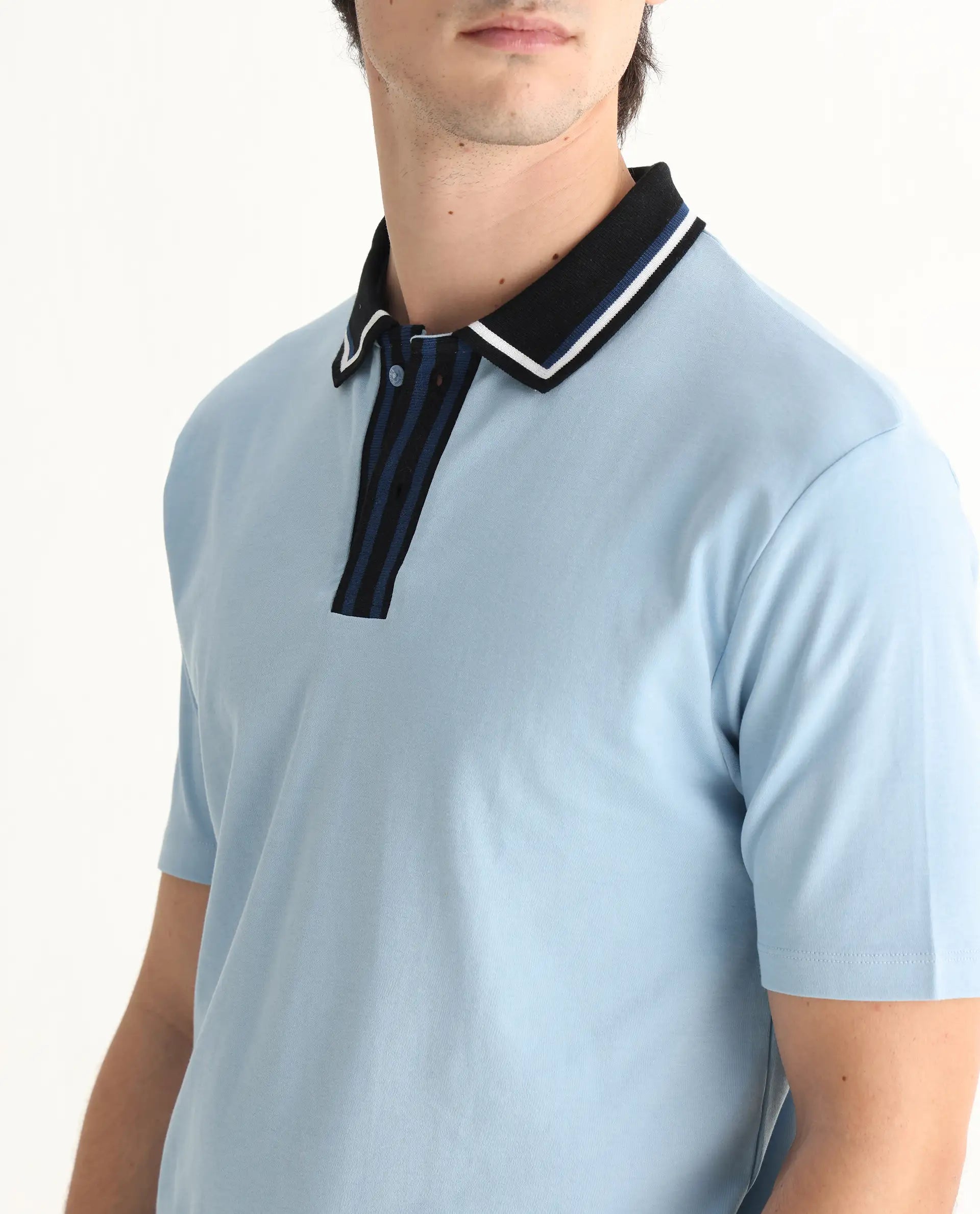 Rare Rabbit Men's Territ Light Blue Cotton Plain Regular Fit Half Sleeve Polo