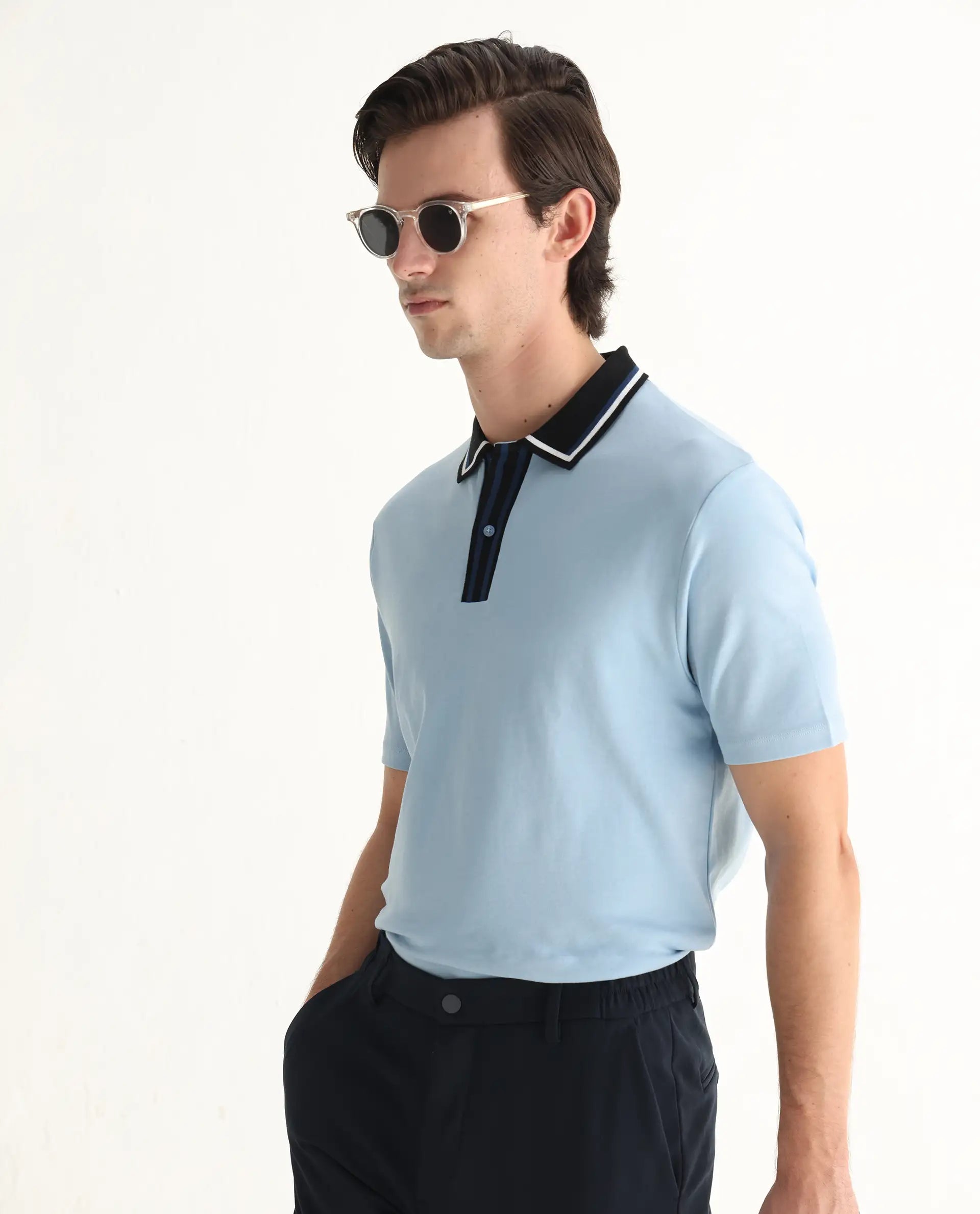 Rare Rabbit Men's Territ Light Blue Cotton Plain Regular Fit Half Sleeve Polo