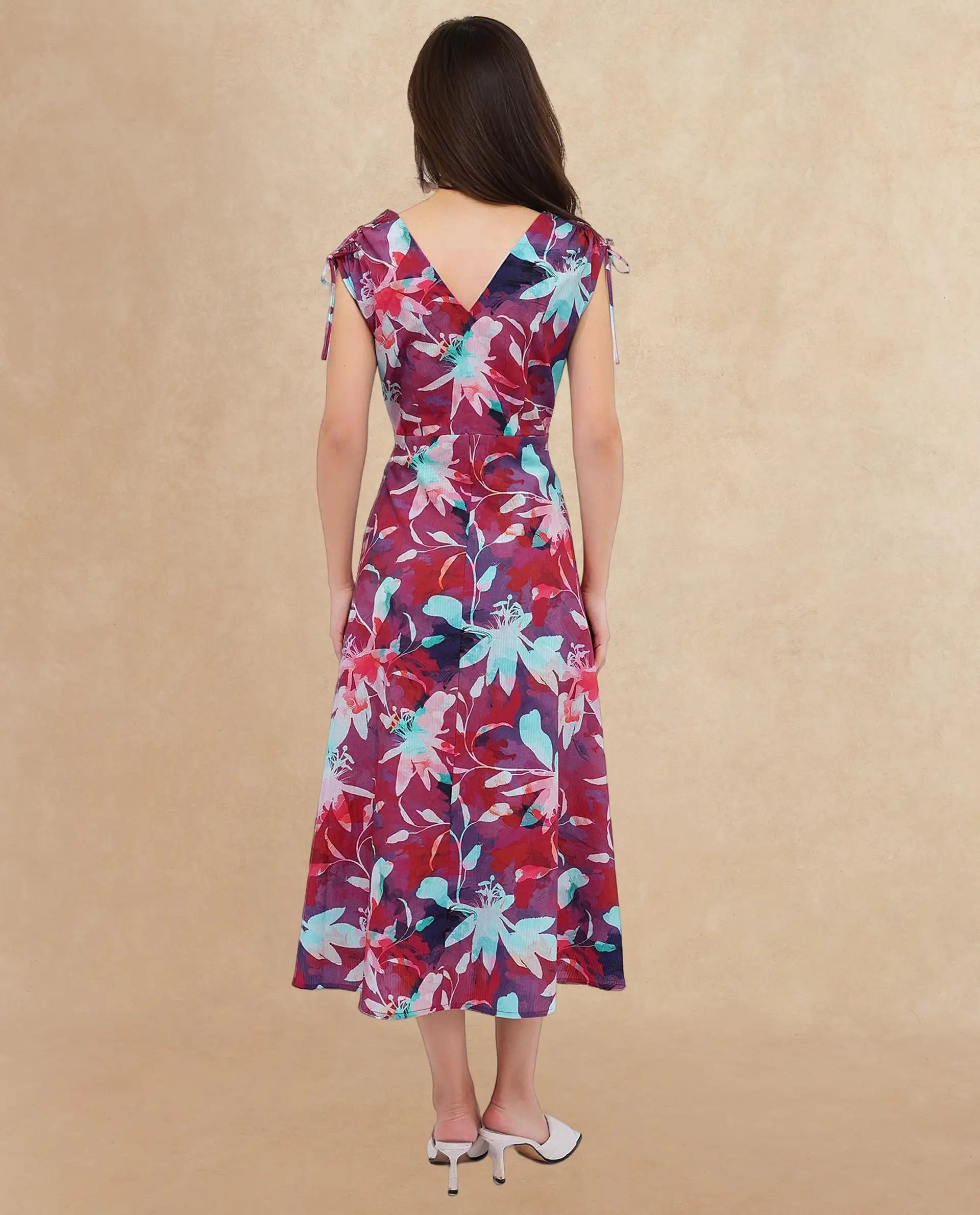 Rareism Women Terumi Dark Multi Sleeveless V-Neck A-Line Maxi Floral Print Dress