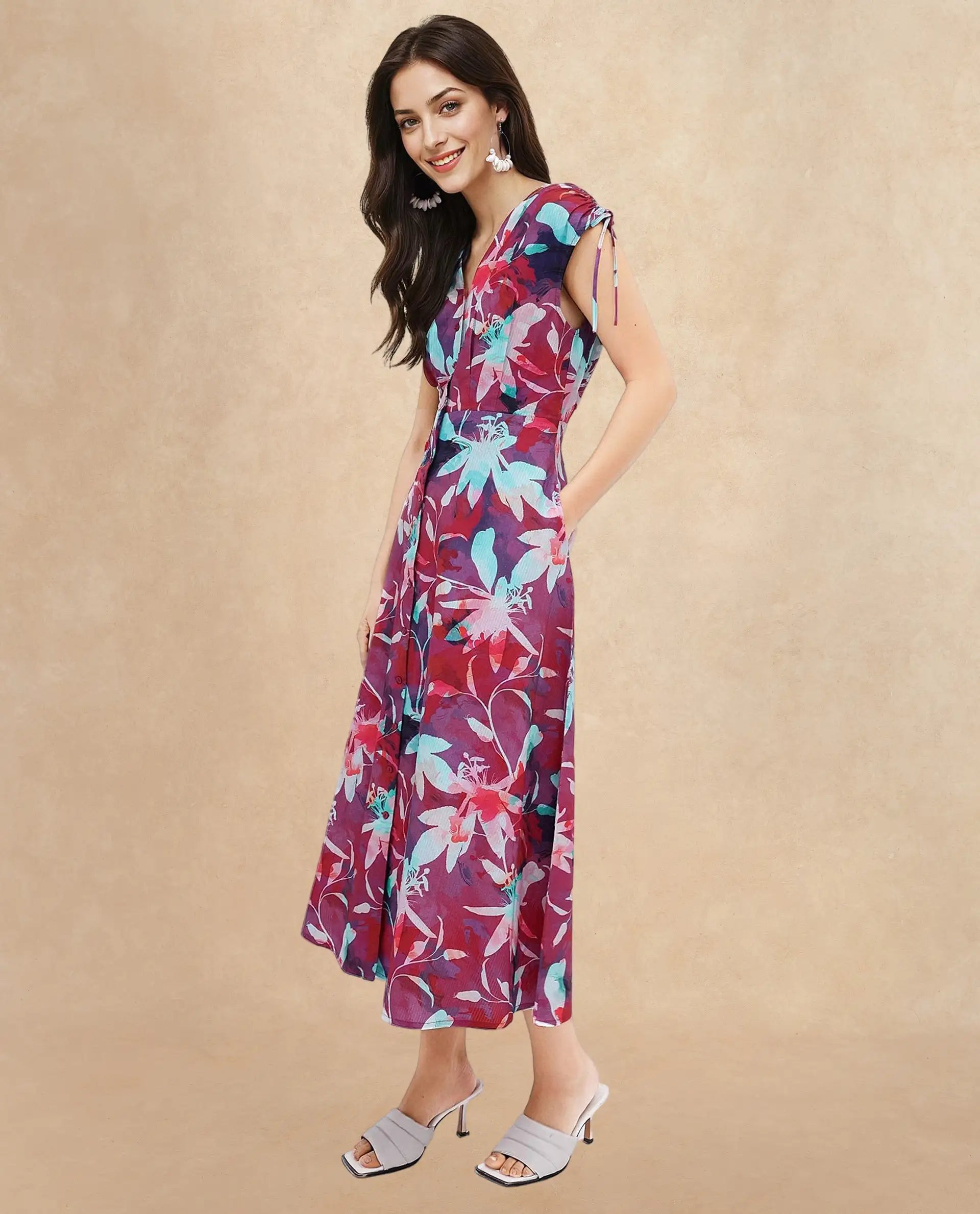 Rareism Women Terumi Dark Multi Sleeveless V-Neck A-Line Maxi Floral Print Dress
