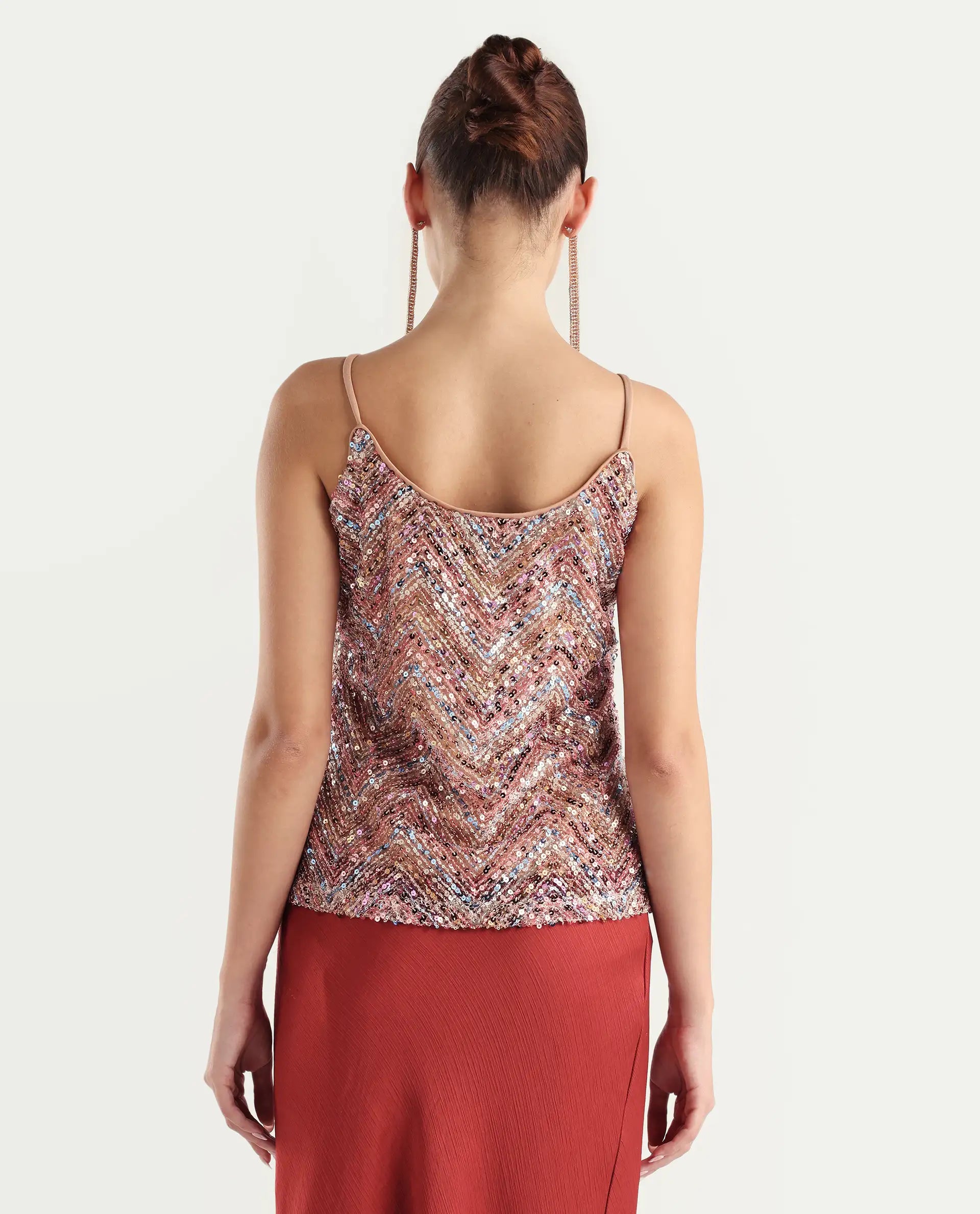 Rareism Women's Tess Sheen Multi Polyester V-Neck Sequined Shoulder Strap Regular Fit Top