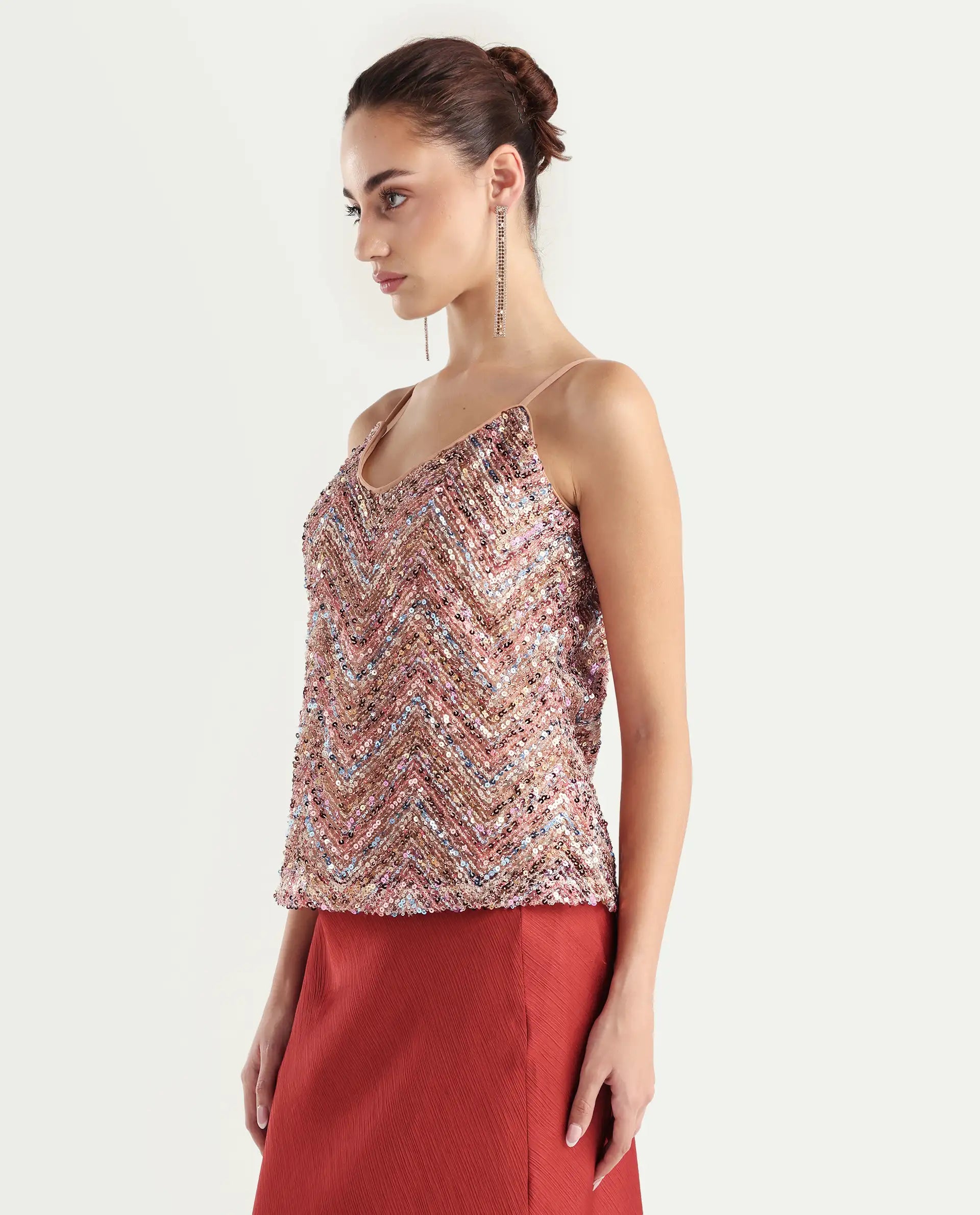 Rareism Women's Tess Sheen Multi Polyester V-Neck Sequined Shoulder Strap Regular Fit Top