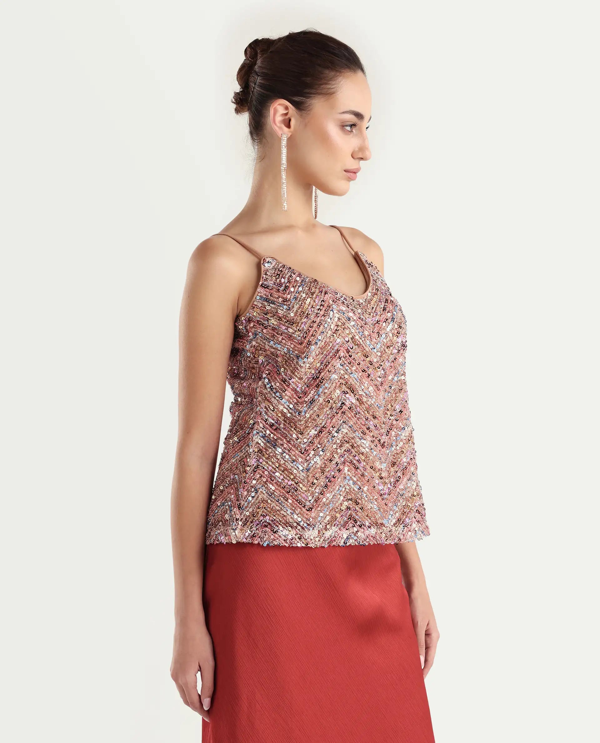 Rareism Women's Tess Sheen Multi Polyester V-Neck Sequined Shoulder Strap Regular Fit Top