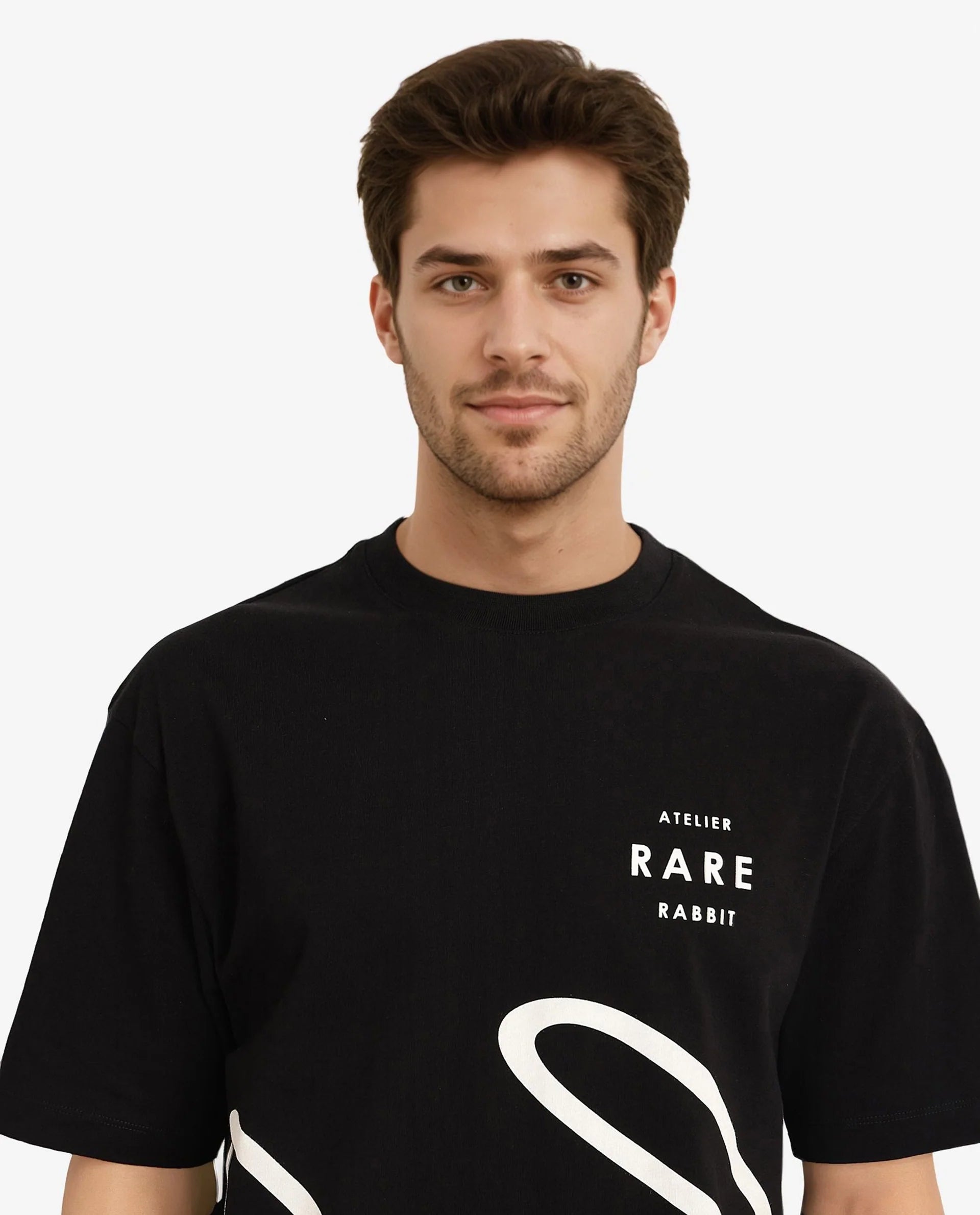 Rare Rabbit Men Ther Black Cotton Fabric Short Sleeve Crew Neck Oversized Fit Graphic Signature Print T-Shirt
