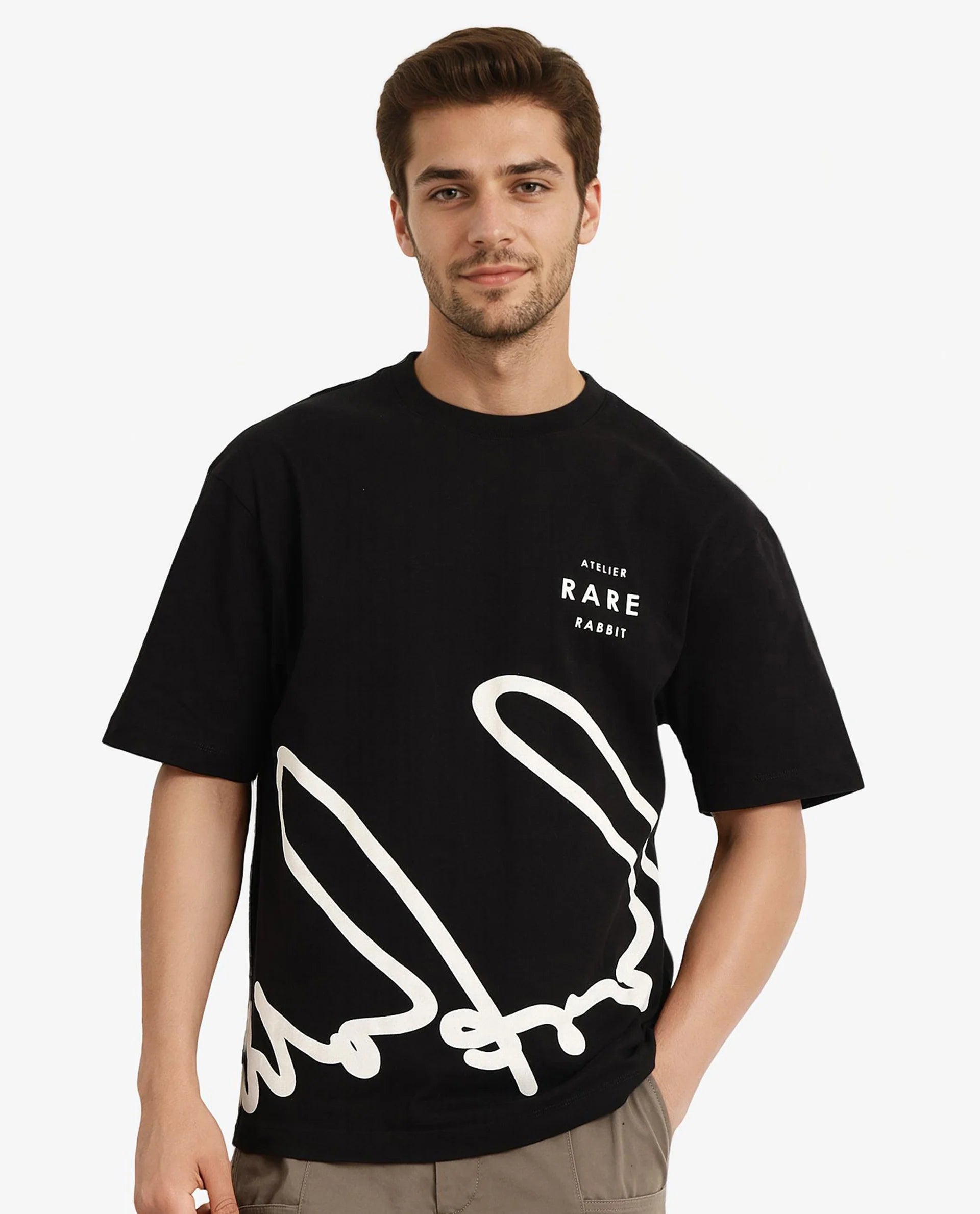 Rare Rabbit Men Ther Black Cotton Fabric Short Sleeve Crew Neck Oversized Fit Graphic Signature Print T-Shirt