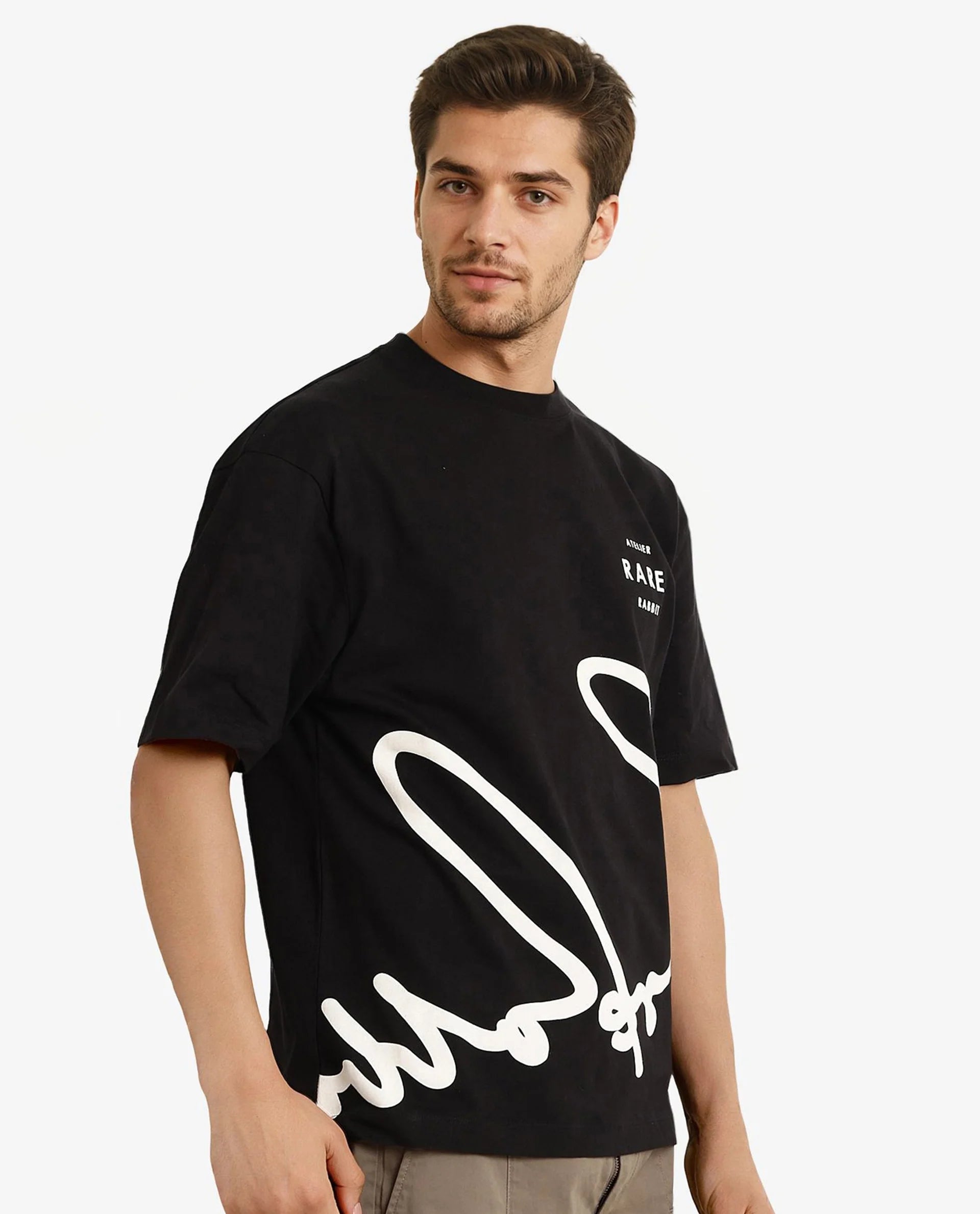 Rare Rabbit Men Ther Black Cotton Fabric Short Sleeve Crew Neck Oversized Fit Graphic Signature Print T-Shirt
