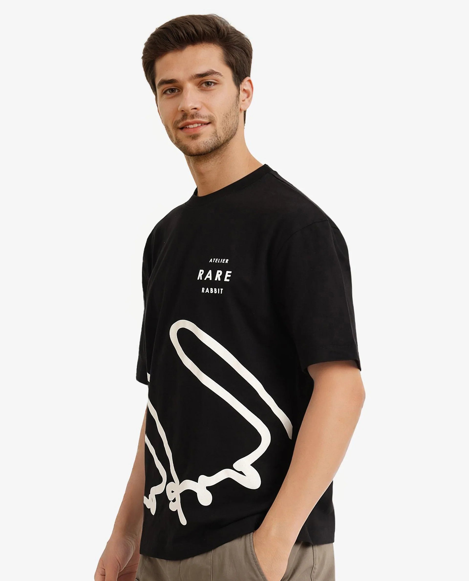 Rare Rabbit Men Ther Black Cotton Fabric Short Sleeve Crew Neck Oversized Fit Graphic Signature Print T-Shirt