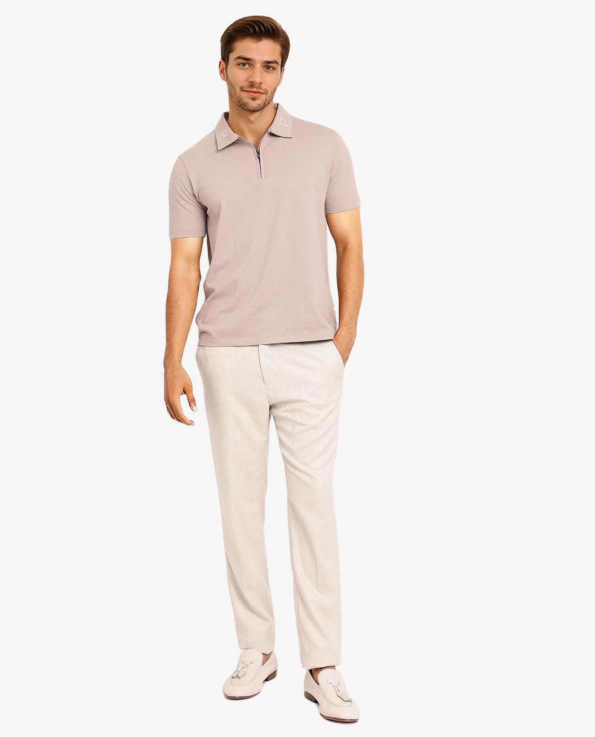 Rare Rabbit Men Thero Dusky Beige Cotton Lycra Fabric Short Sleeve Embroidered Collar Zipper Closure Plain Polo T-Shirt