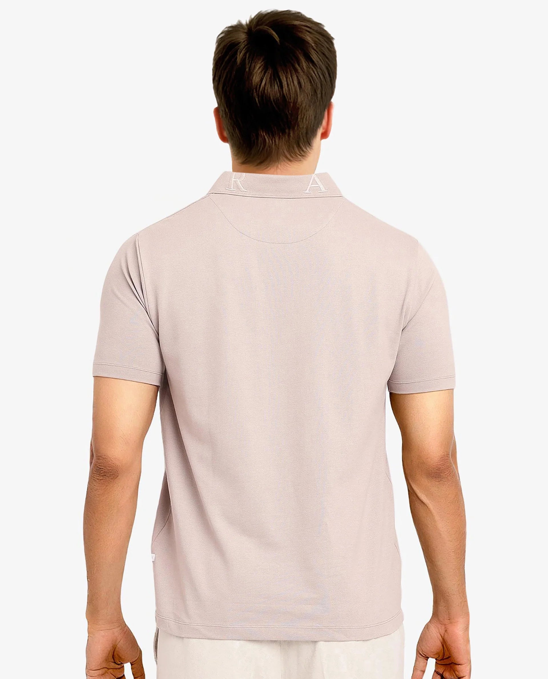 Rare Rabbit Men Thero Dusky Beige Cotton Lycra Fabric Short Sleeve Embroidered Collar Zipper Closure Plain Polo T-Shirt