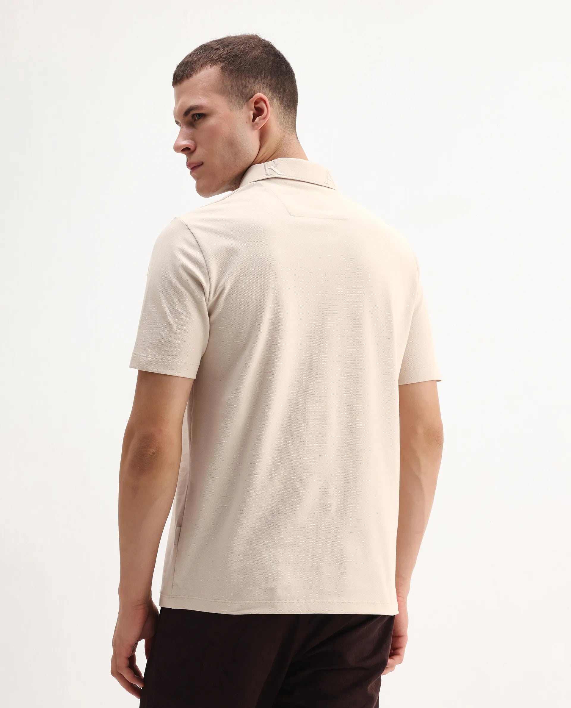 Rare Rabbit Men's Thero-25 Light Beige Cotton Blend Plain Regular Fit Half Sleeve Polo