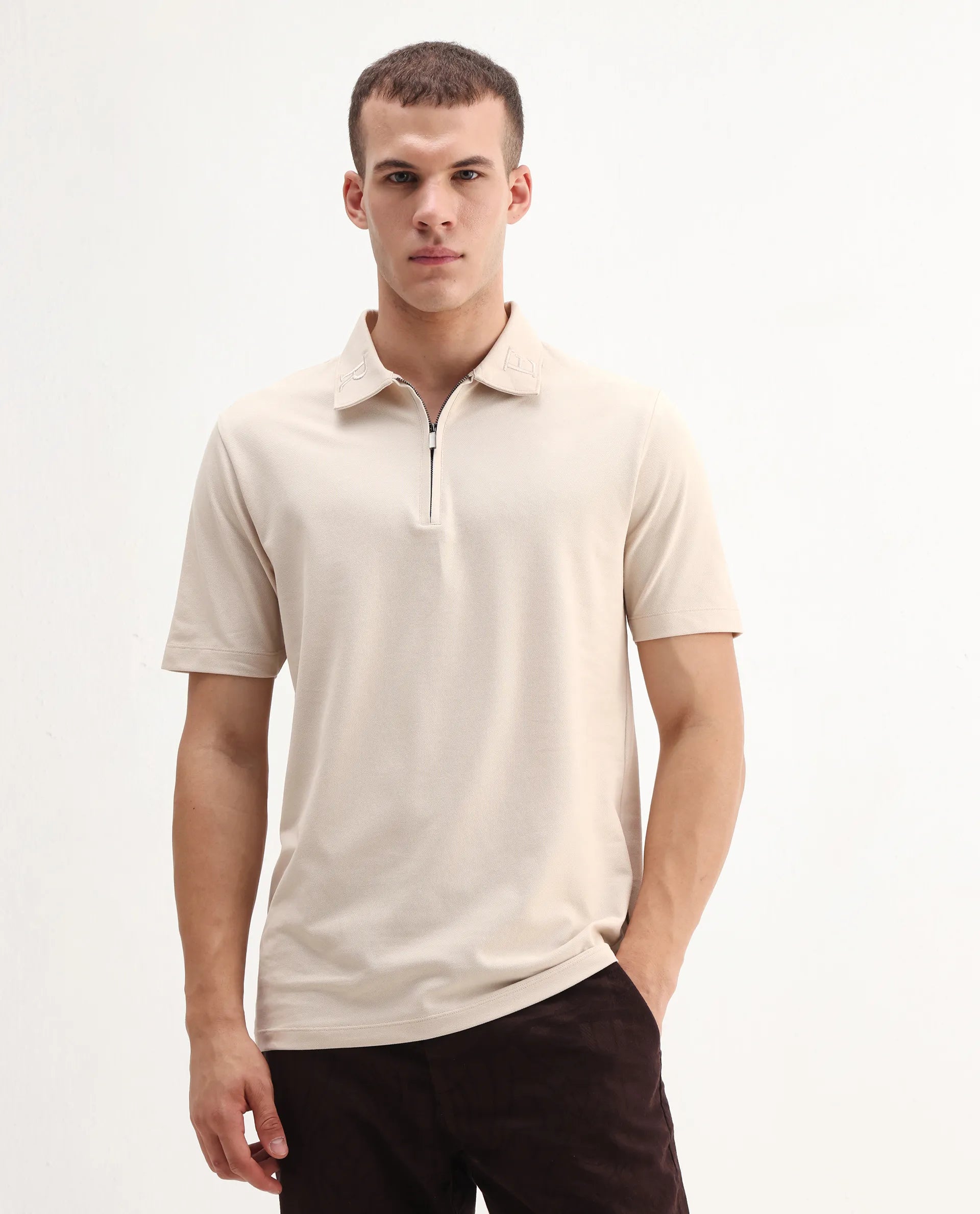 Rare Rabbit Men's Thero-25 Light Beige Cotton Blend Plain Regular Fit Half Sleeve Polo