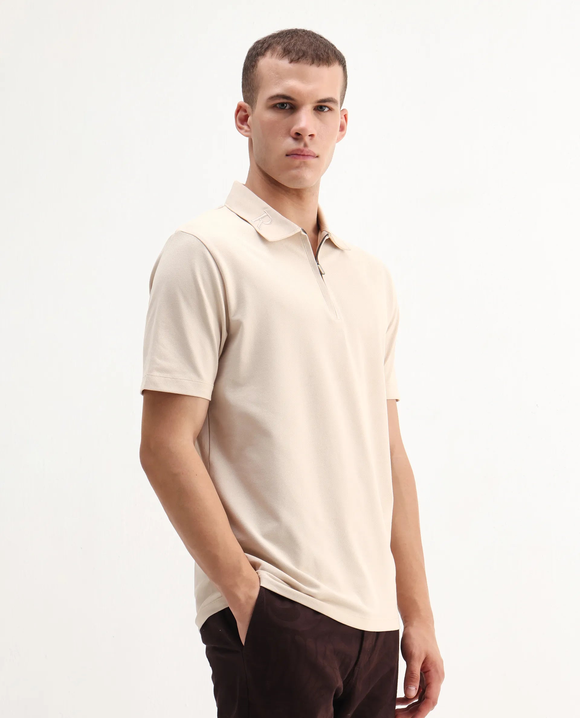 Rare Rabbit Men's Thero-25 Light Beige Cotton Blend Plain Regular Fit Half Sleeve Polo