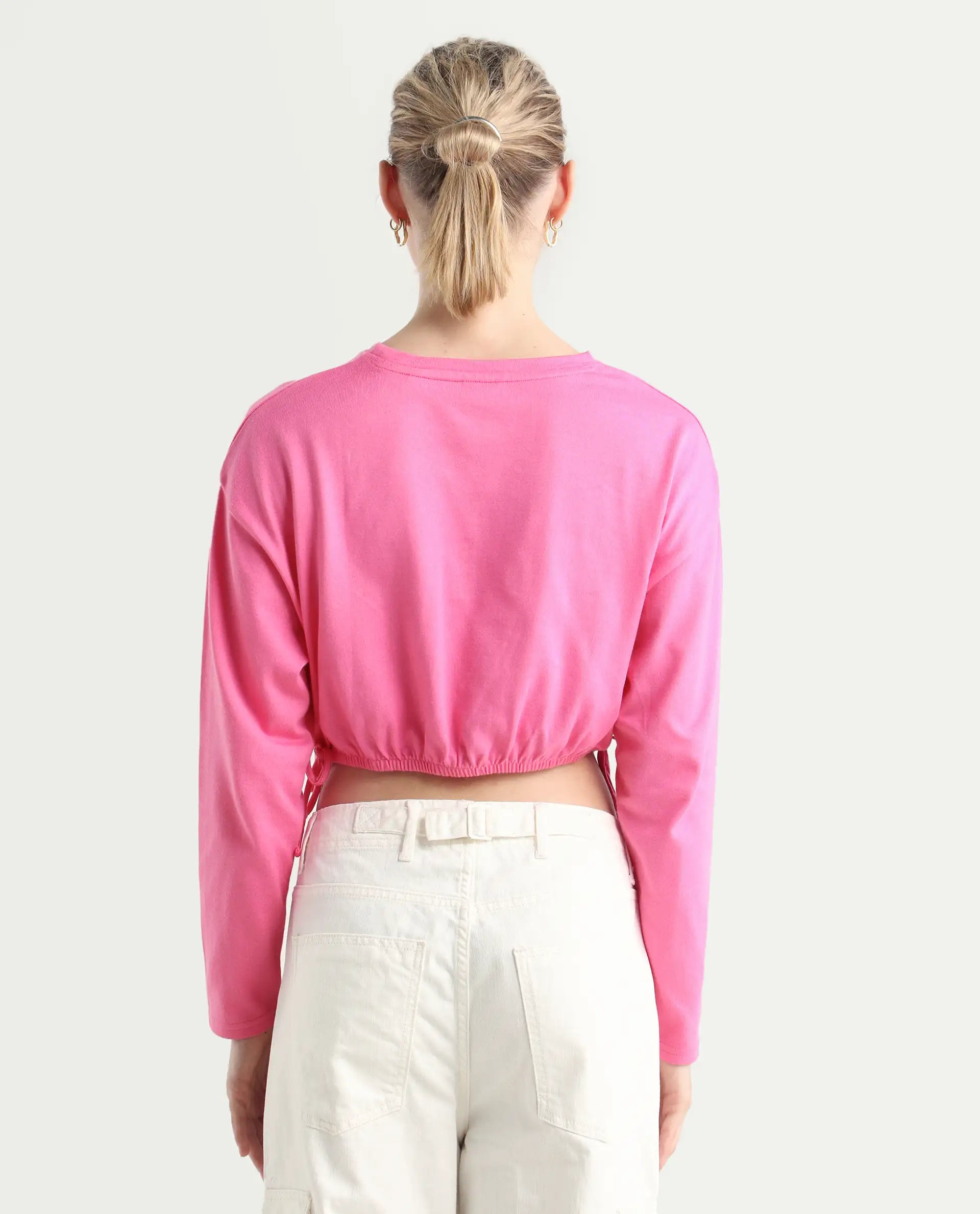 Rareism Women's Thistle Pink Cotton Crew Neck Plain Crop Regular Fit Top