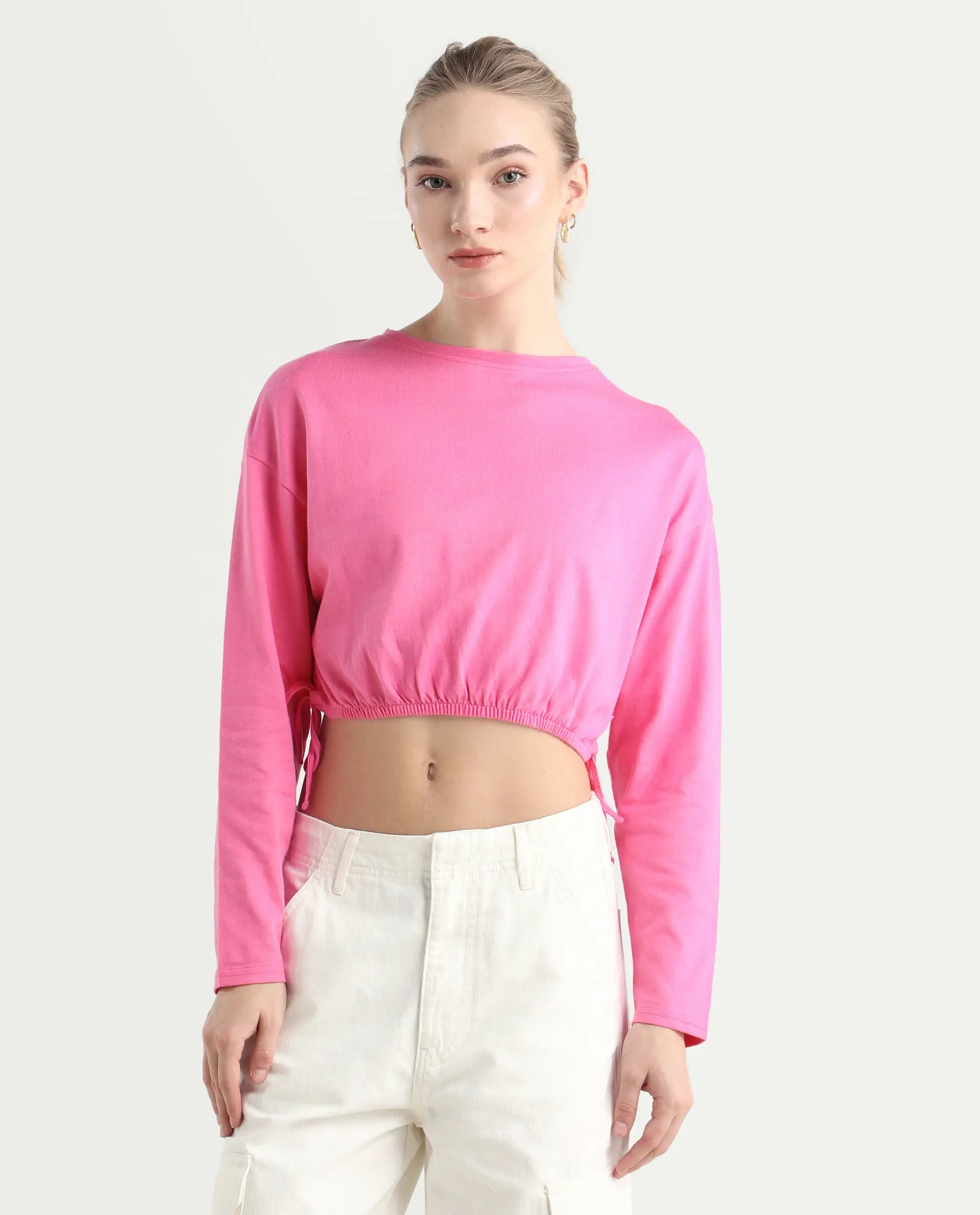 Rareism Women's Thistle Pink Cotton Crew Neck Plain Crop Regular Fit Top