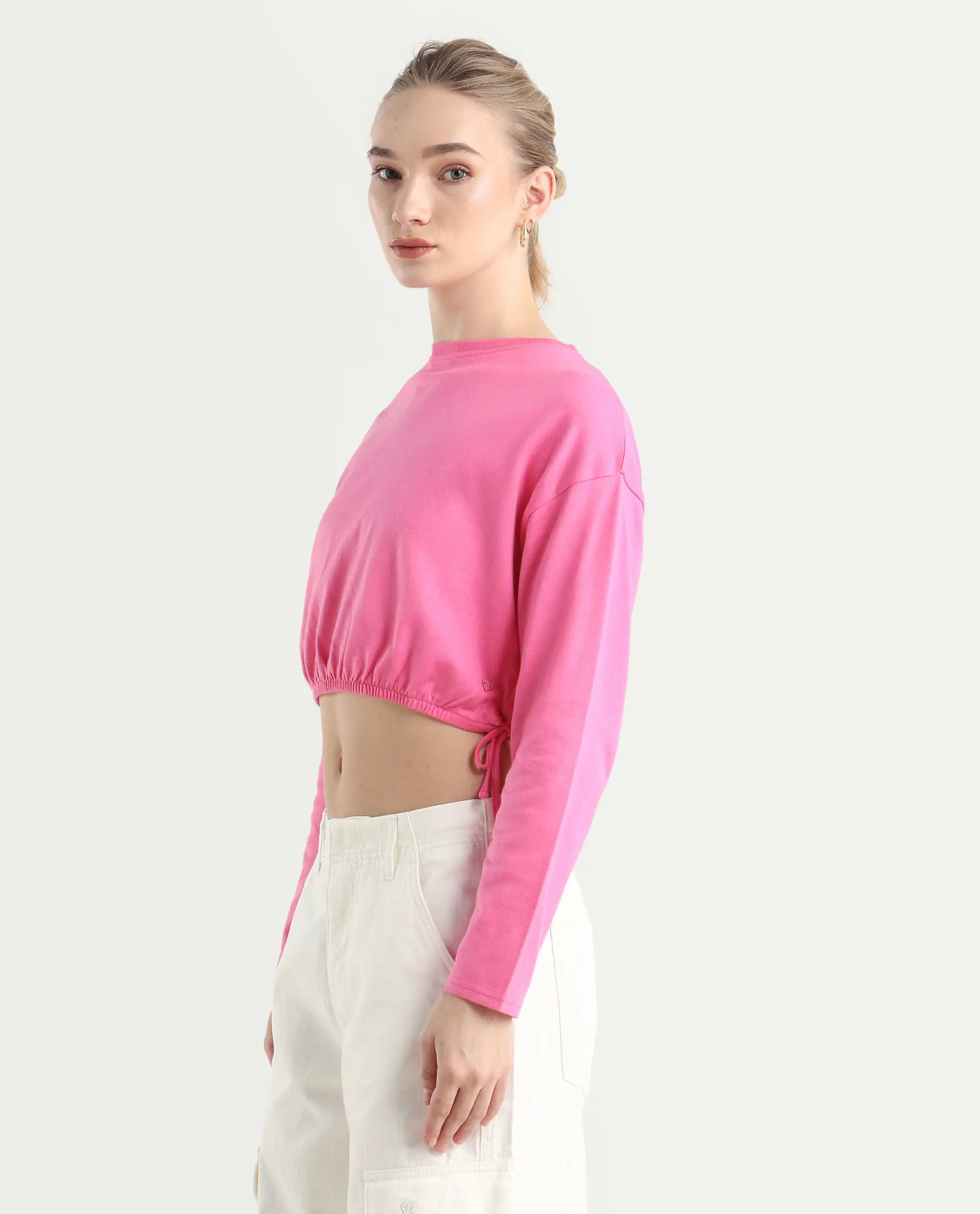 Rareism Women's Thistle Pink Cotton Crew Neck Plain Crop Regular Fit Top