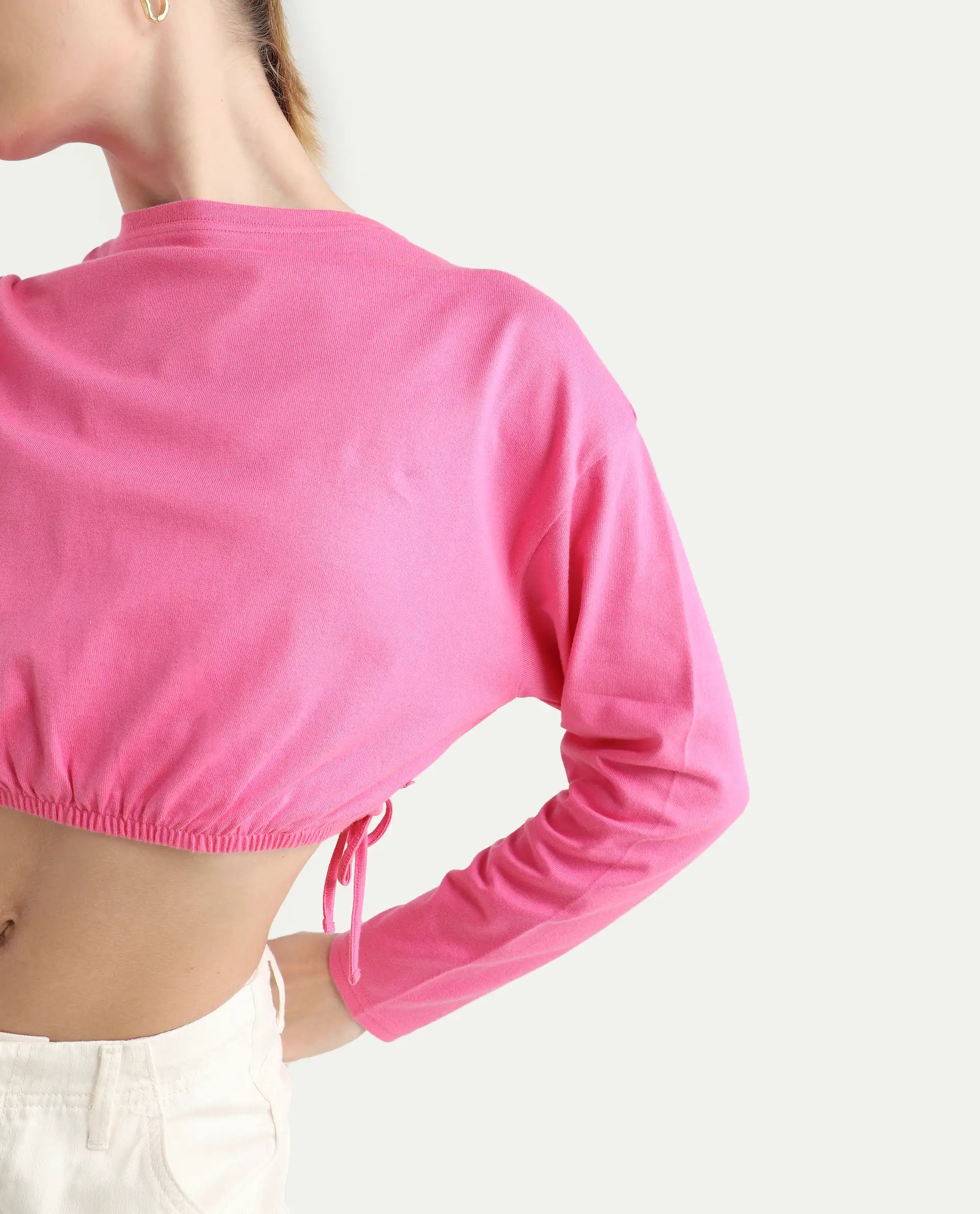 Rareism Women's Thistle Pink Cotton Crew Neck Plain Crop Regular Fit Top