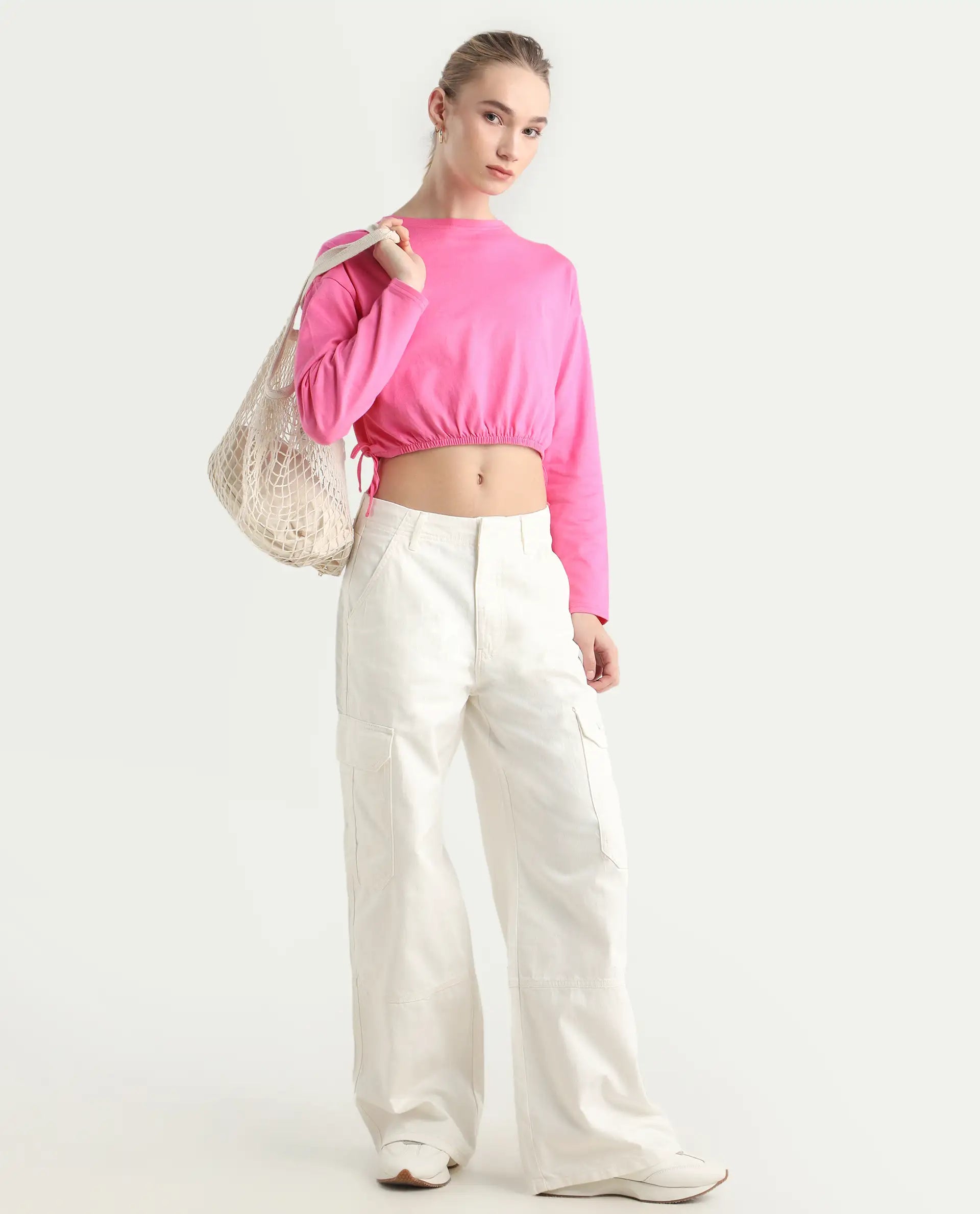 Rareism Women's Thistle Pink Cotton Crew Neck Plain Crop Regular Fit Top