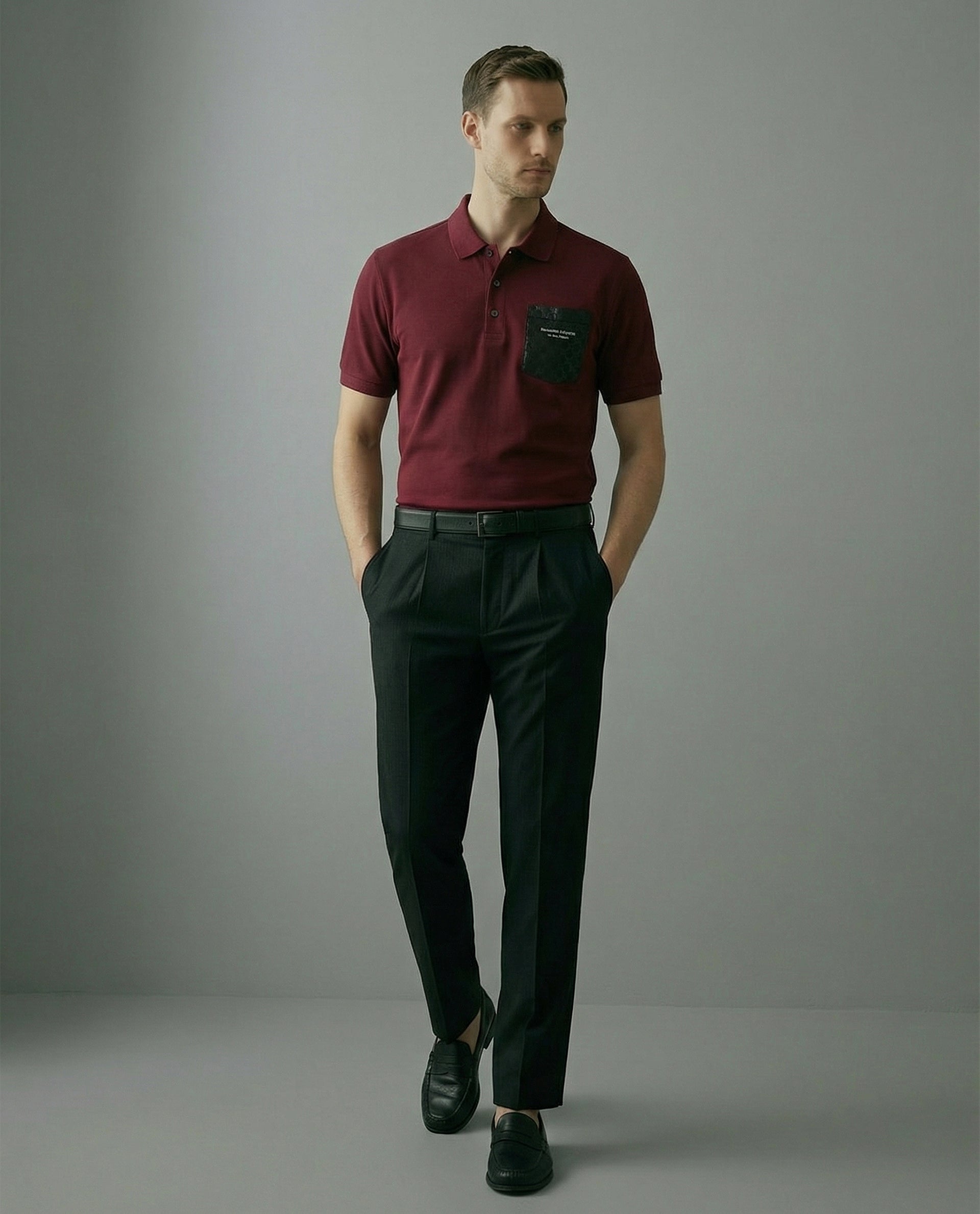 Rare Rabbit Men's Lorn-S26 Dark Red Cotton Blend Fabric Half Sleeve Spread Collar Regular Fit Monogram Print Polo