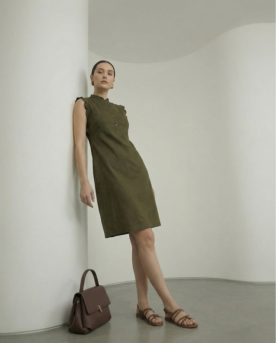 Rareism Women's Adara Olive Cotton Sleeveless A-Line Plain Dress