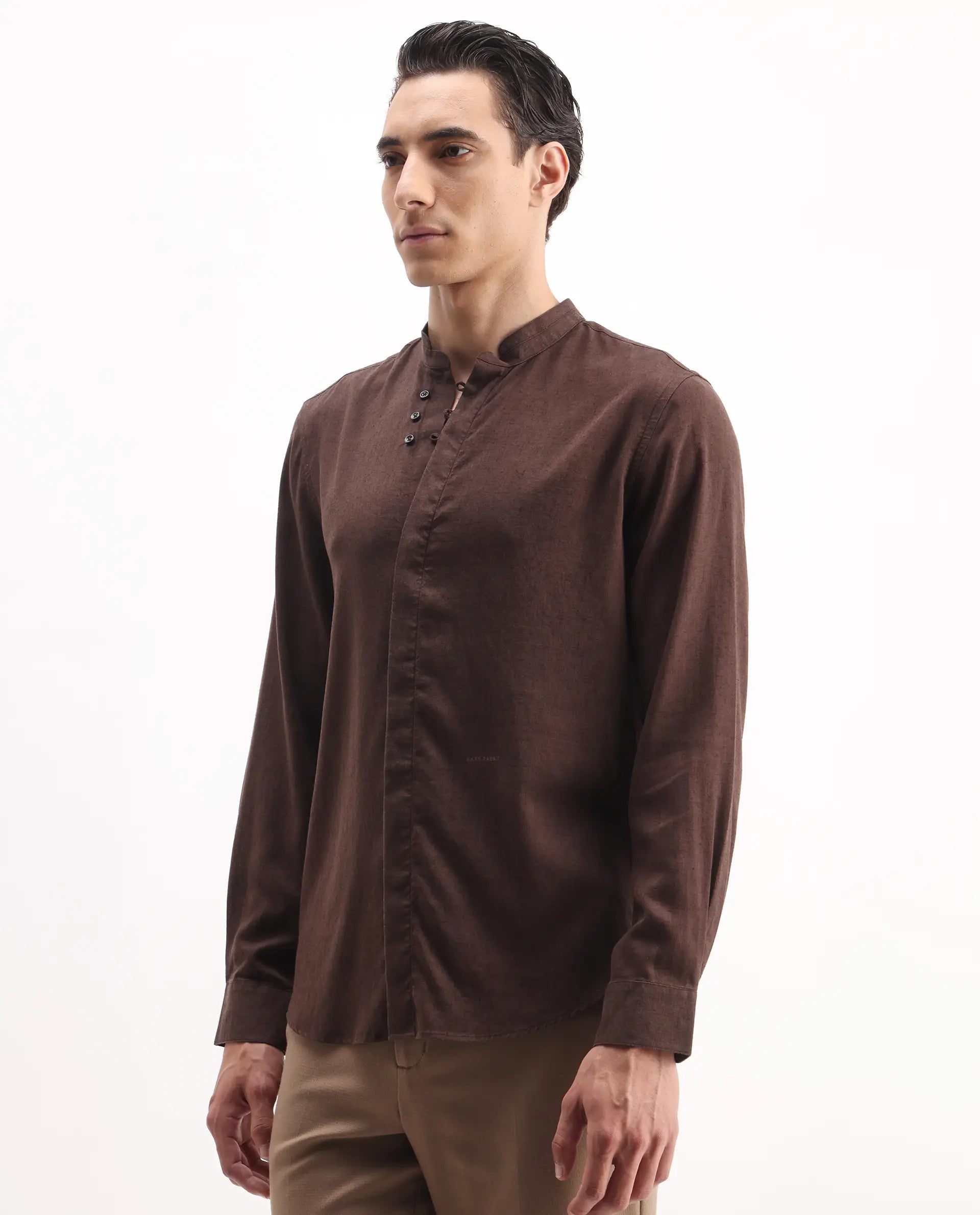 Rare Rabbit Men's Throne Ls 25 Dark Brown Linen Blend Plain Regular Fit Full Sleeve Mandarin Collar Shirt
