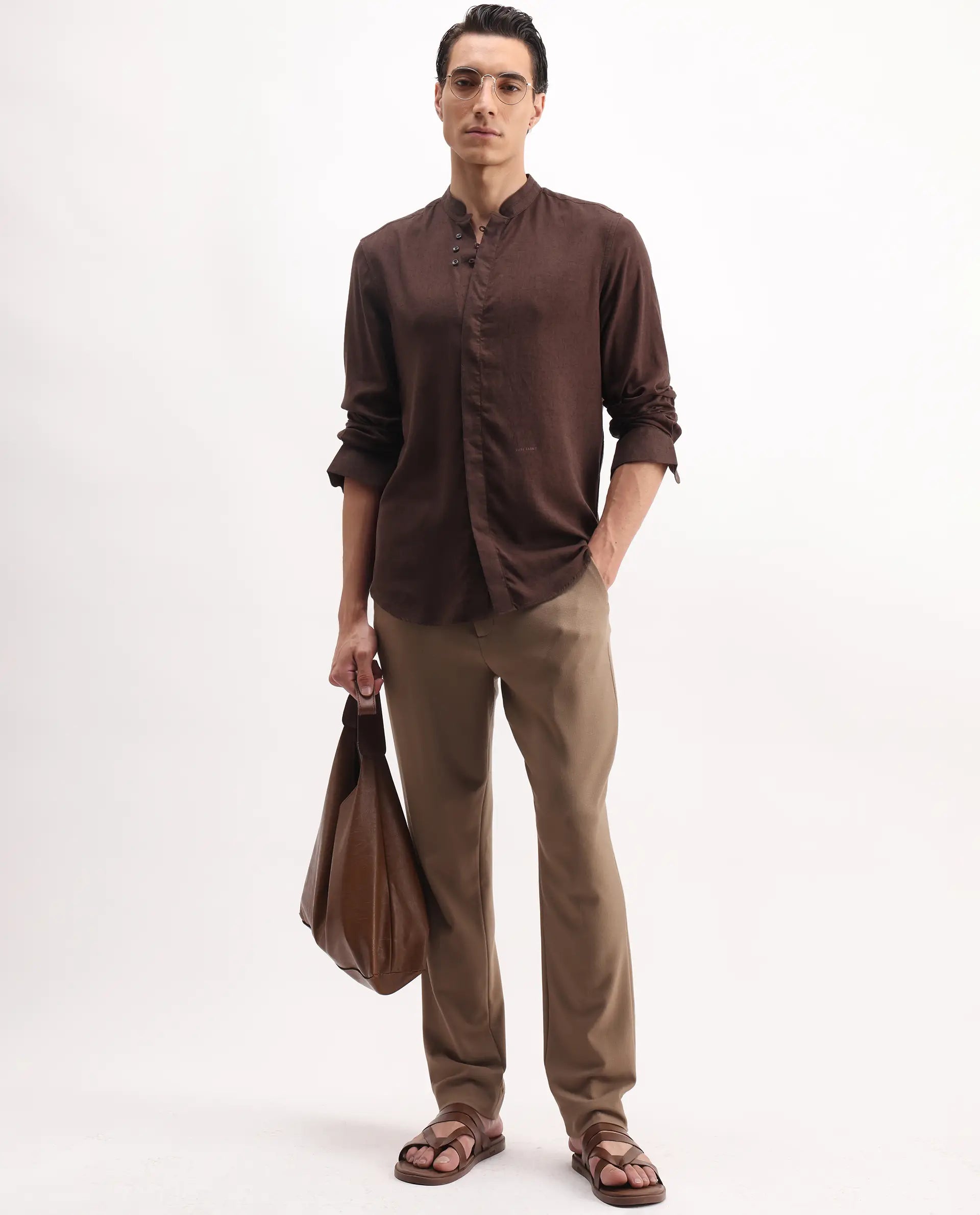 Rare Rabbit Men's Throne Ls 25 Dark Brown Linen Blend Plain Regular Fit Full Sleeve Mandarin Collar Shirt