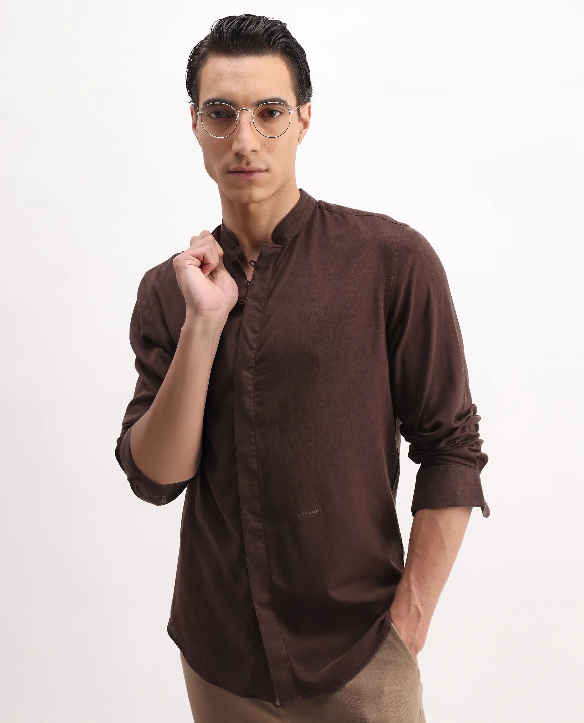 Rare Rabbit Men's Throne 25 Brown Lyocell Plain Regular Fit Full Sleeve Mandarin Collar Shirt