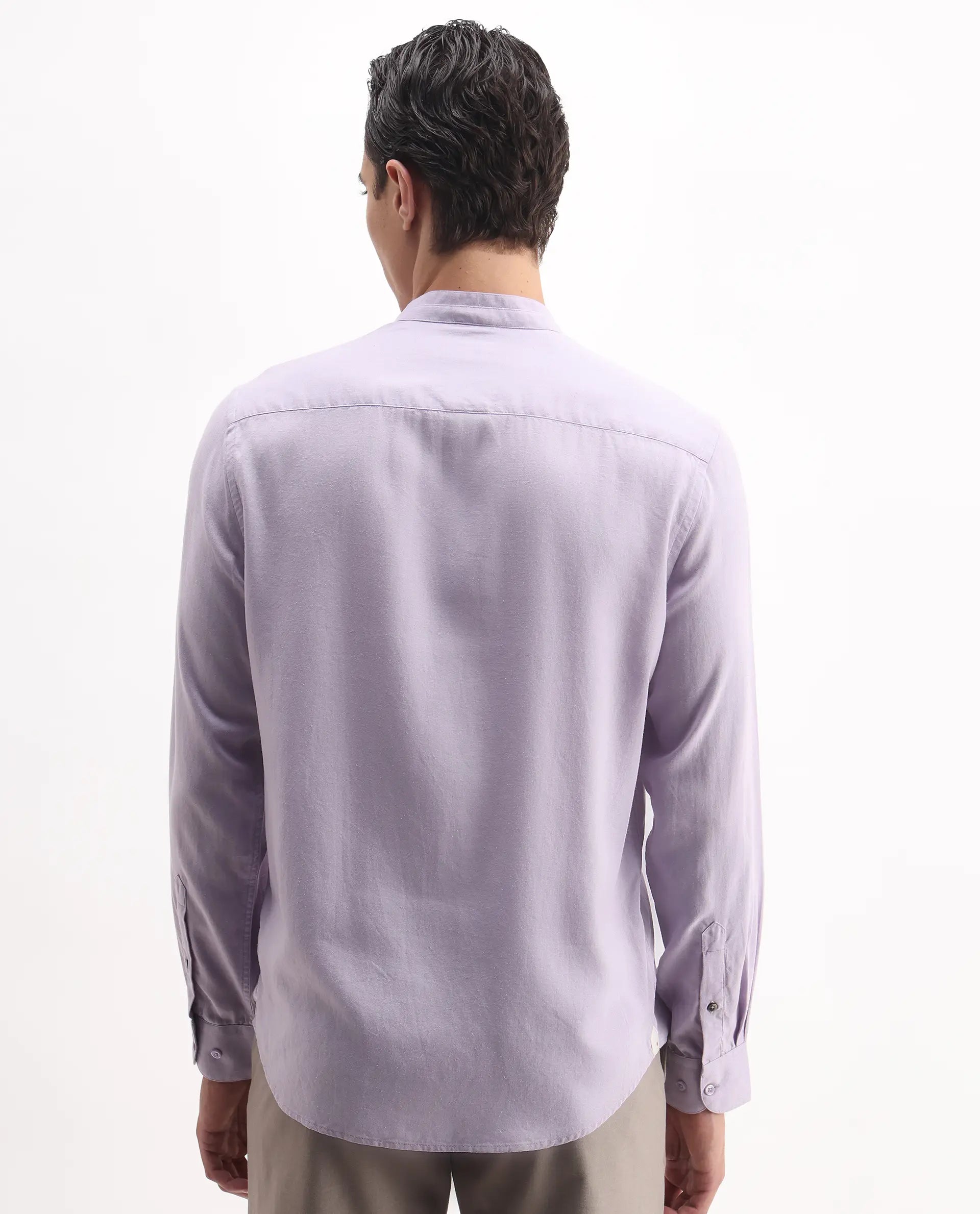 Rare Rabbit Men's Theone-25 Purple Linen Blend Plain Regular Fit Full Sleeve Mandarin Collar Shirt