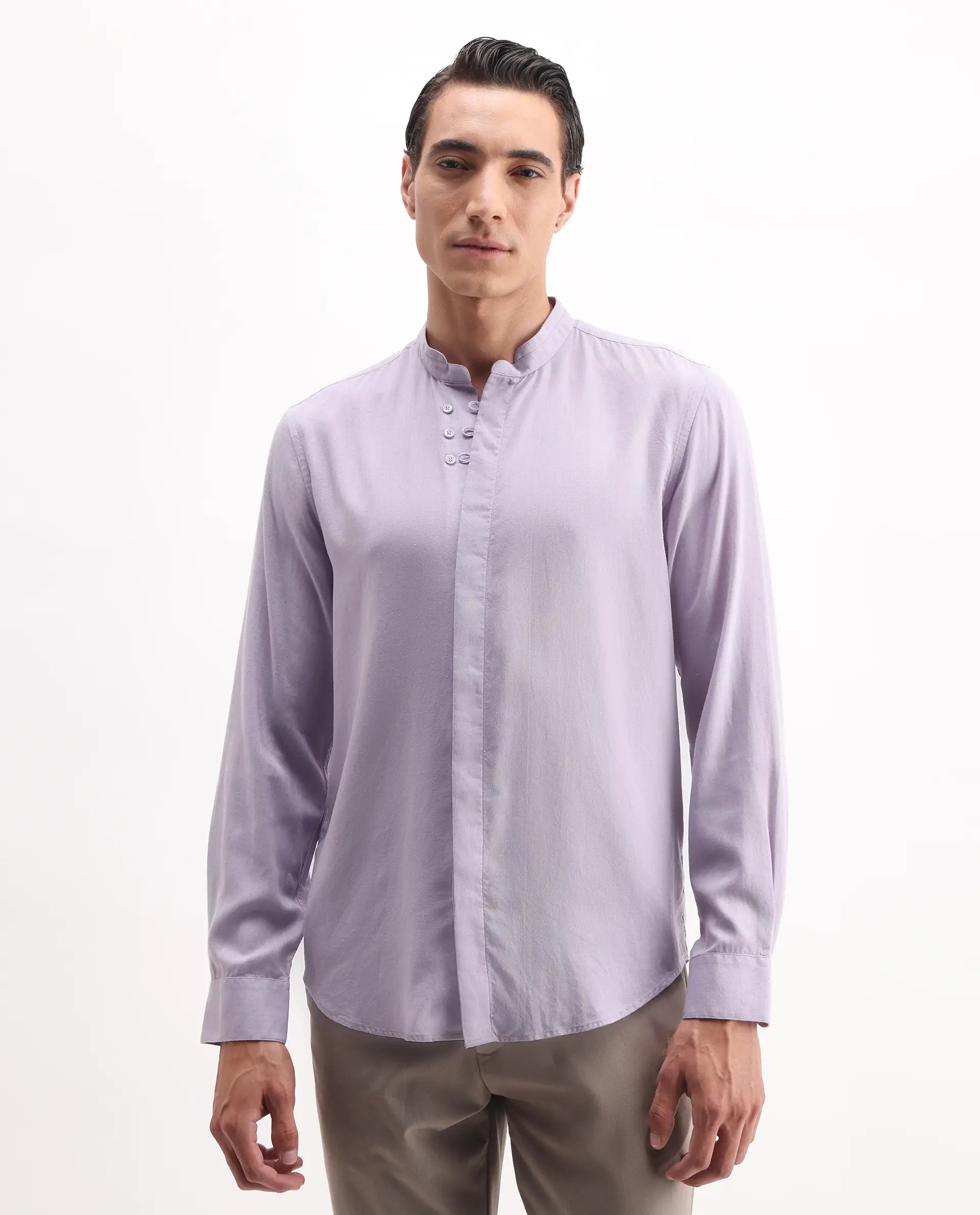 Rare Rabbit Men's Theone-25 Purple Linen Blend Plain Regular Fit Full Sleeve Mandarin Collar Shirt