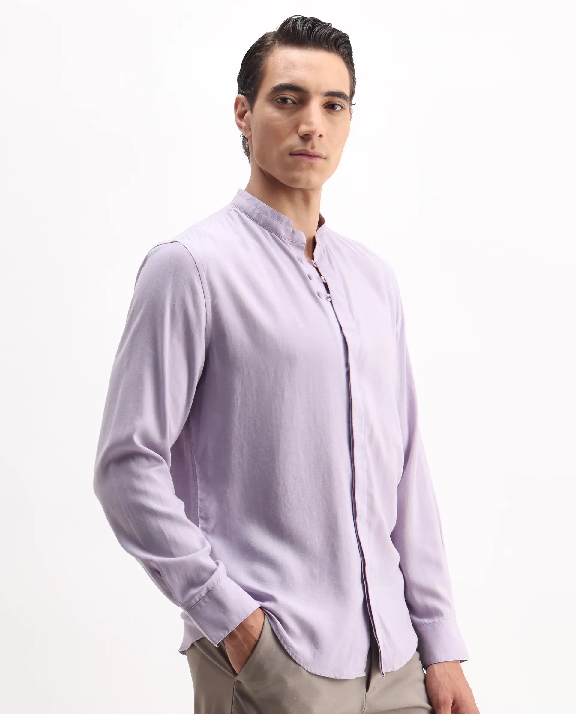 Rare Rabbit Men's Theone-25 Purple Linen Blend Plain Regular Fit Full Sleeve Mandarin Collar Shirt