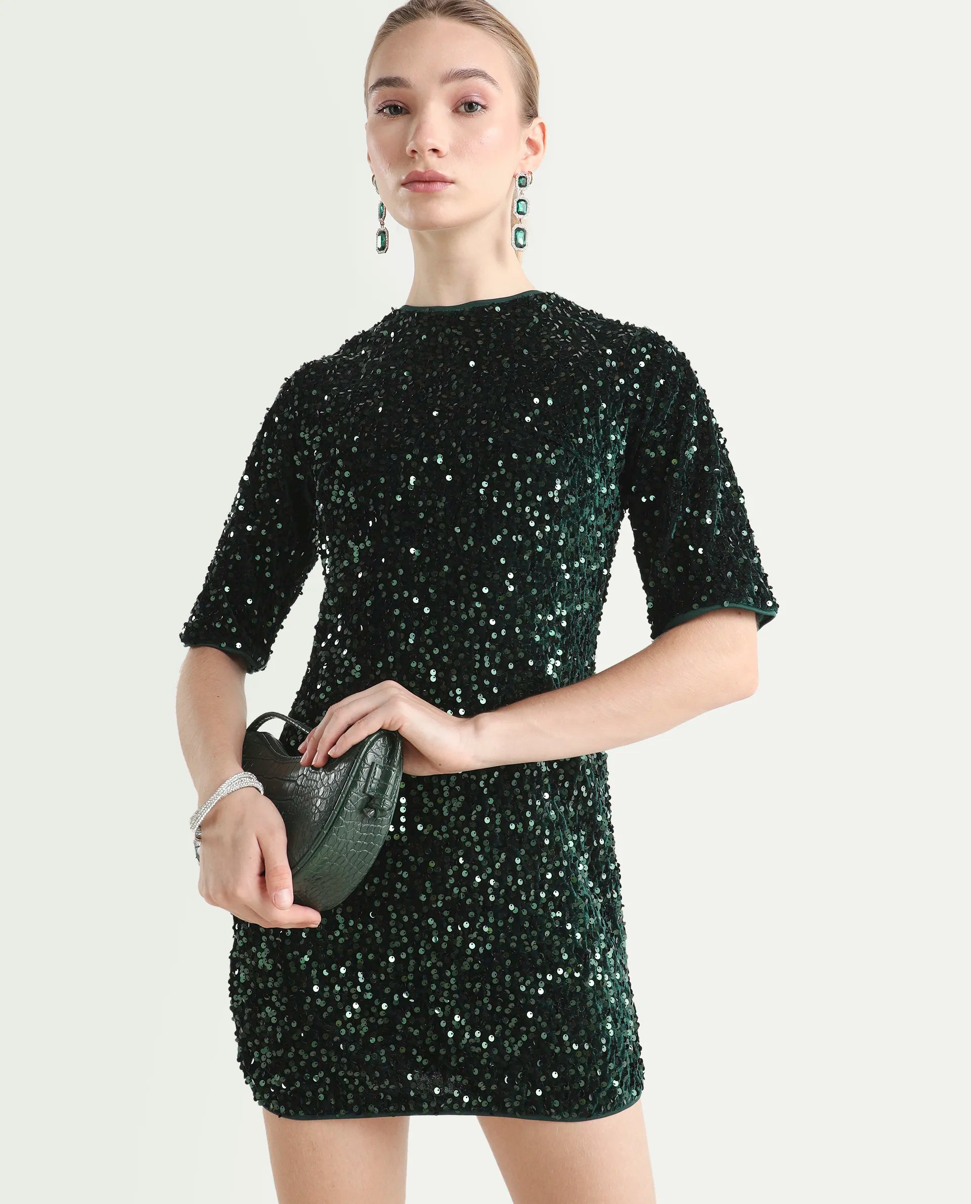Rareism Women's Tiana Sheen Green Polyester Crew Neck Sequined Mini A-Line Dress