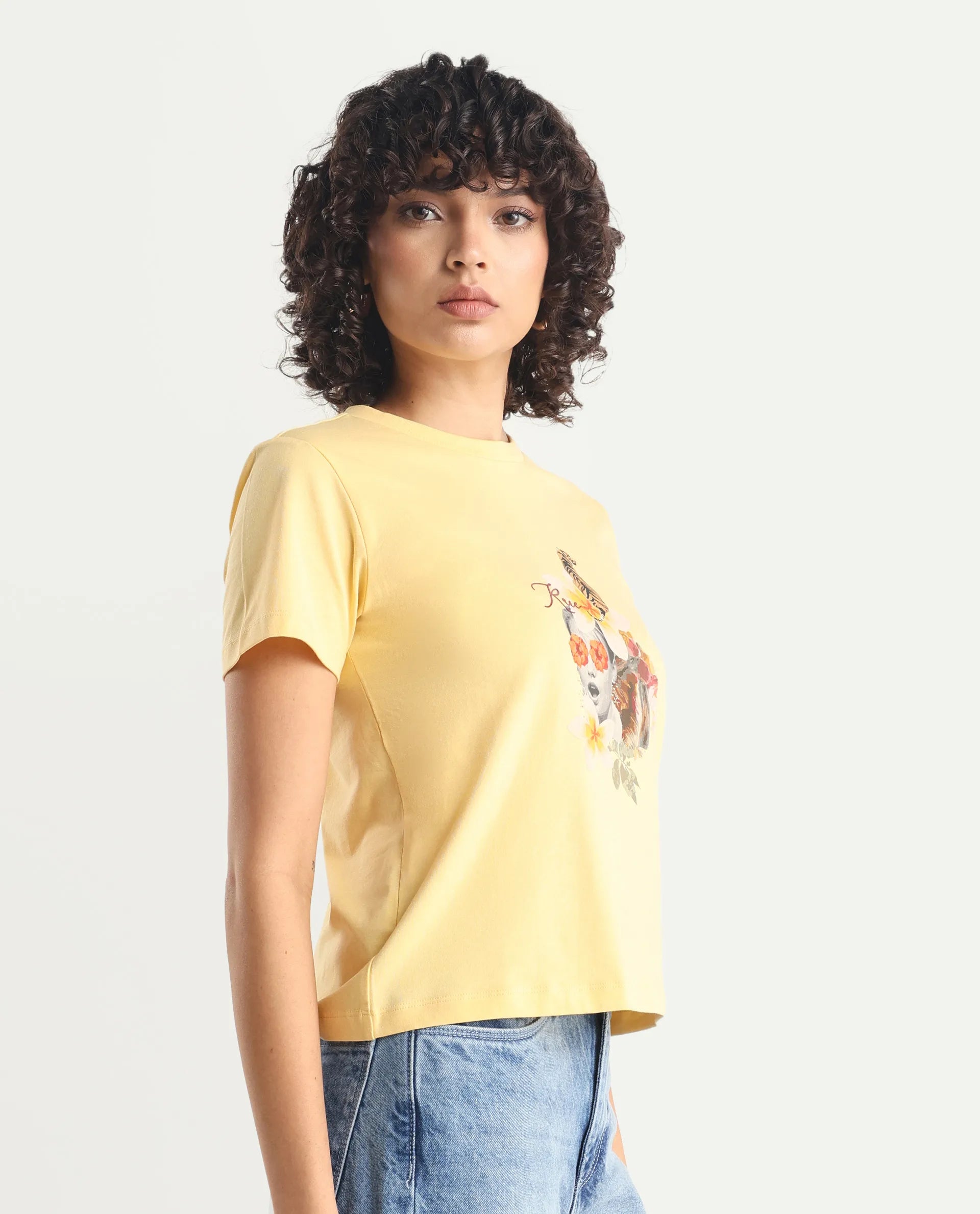 Rareism Women's Tigo Light Yellow Cotton Blend Crew Neck Graphic Print Regular Fit T-Shirt