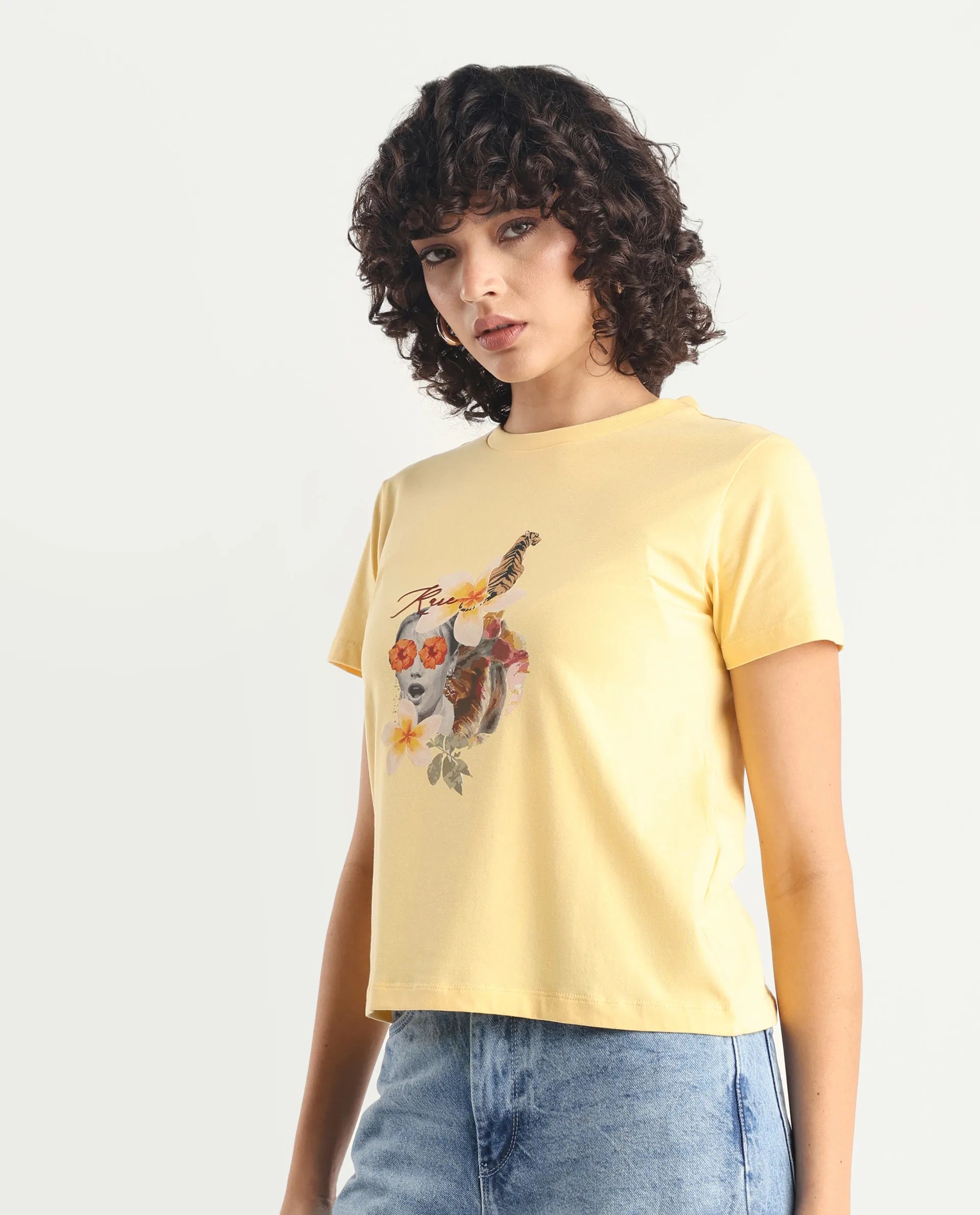 Rareism Women's Tigo Light Yellow Cotton Blend Crew Neck Graphic Print Regular Fit T-Shirt