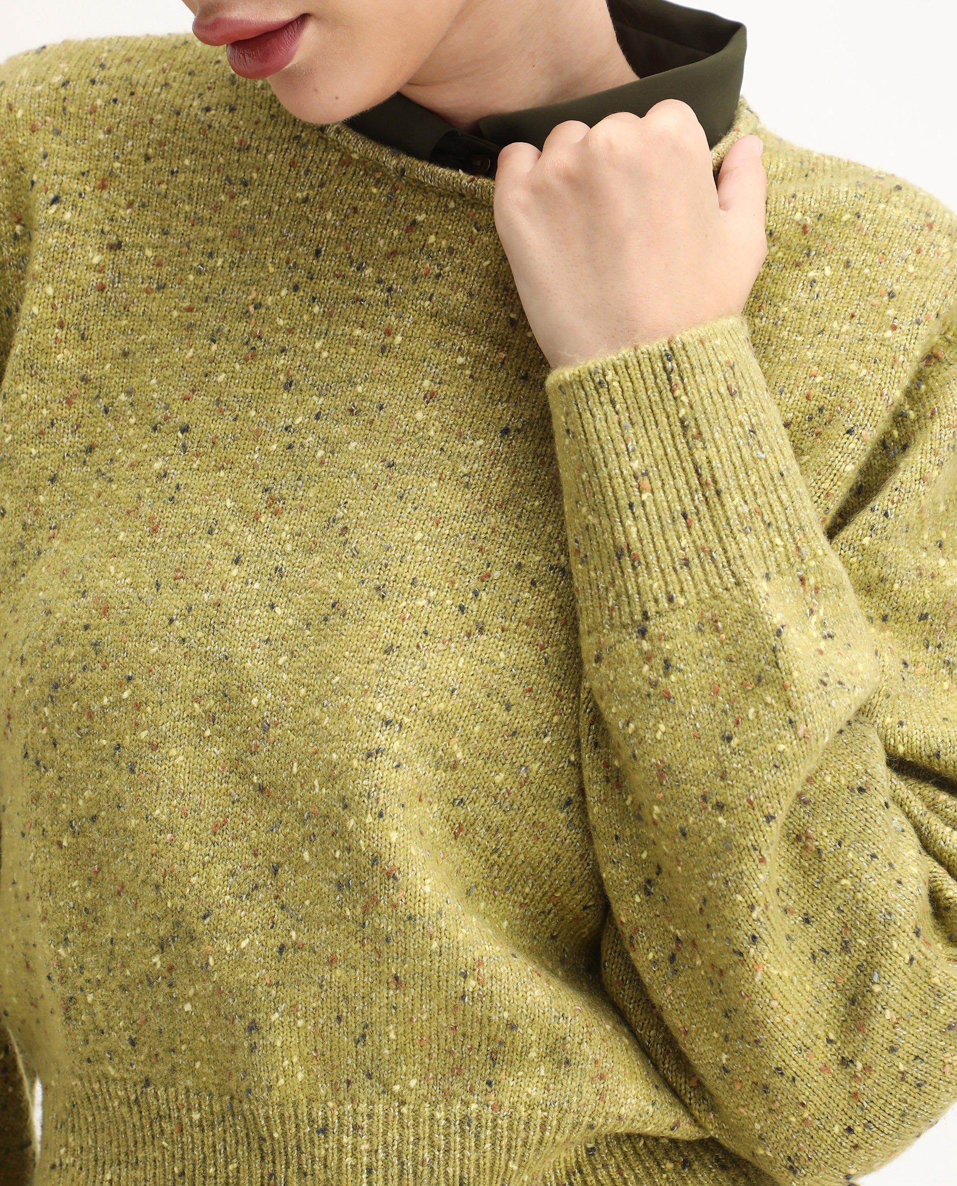 Rareism Women's Tinoa Light Olive Acrylic Blend Crew Neck Relaxed Fit Sweater