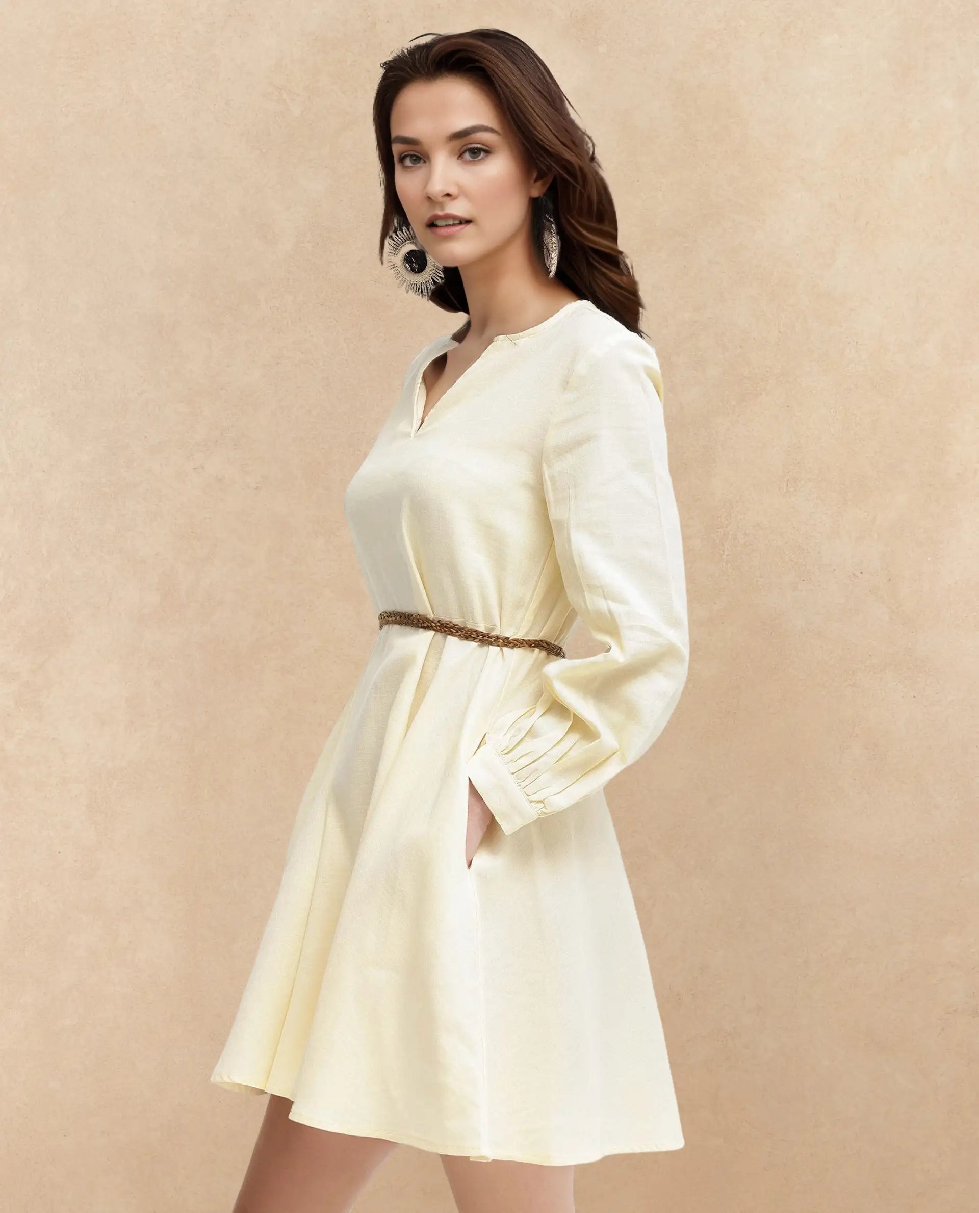 Rareism Women's Tirday Yellow Cotton V-Neck Plain Bishop Sleeve Mini Fit And Flare Dress