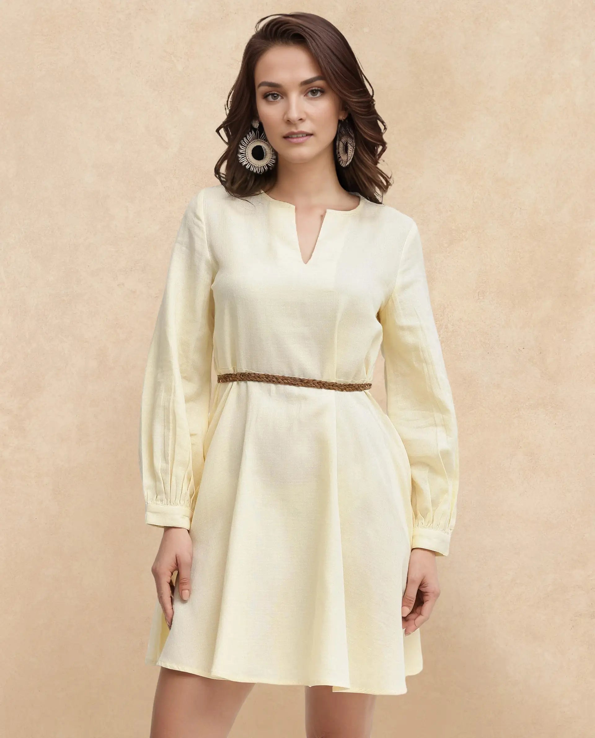 Rareism Women's Tirday Yellow Cotton V-Neck Plain Bishop Sleeve Mini Fit And Flare Dress