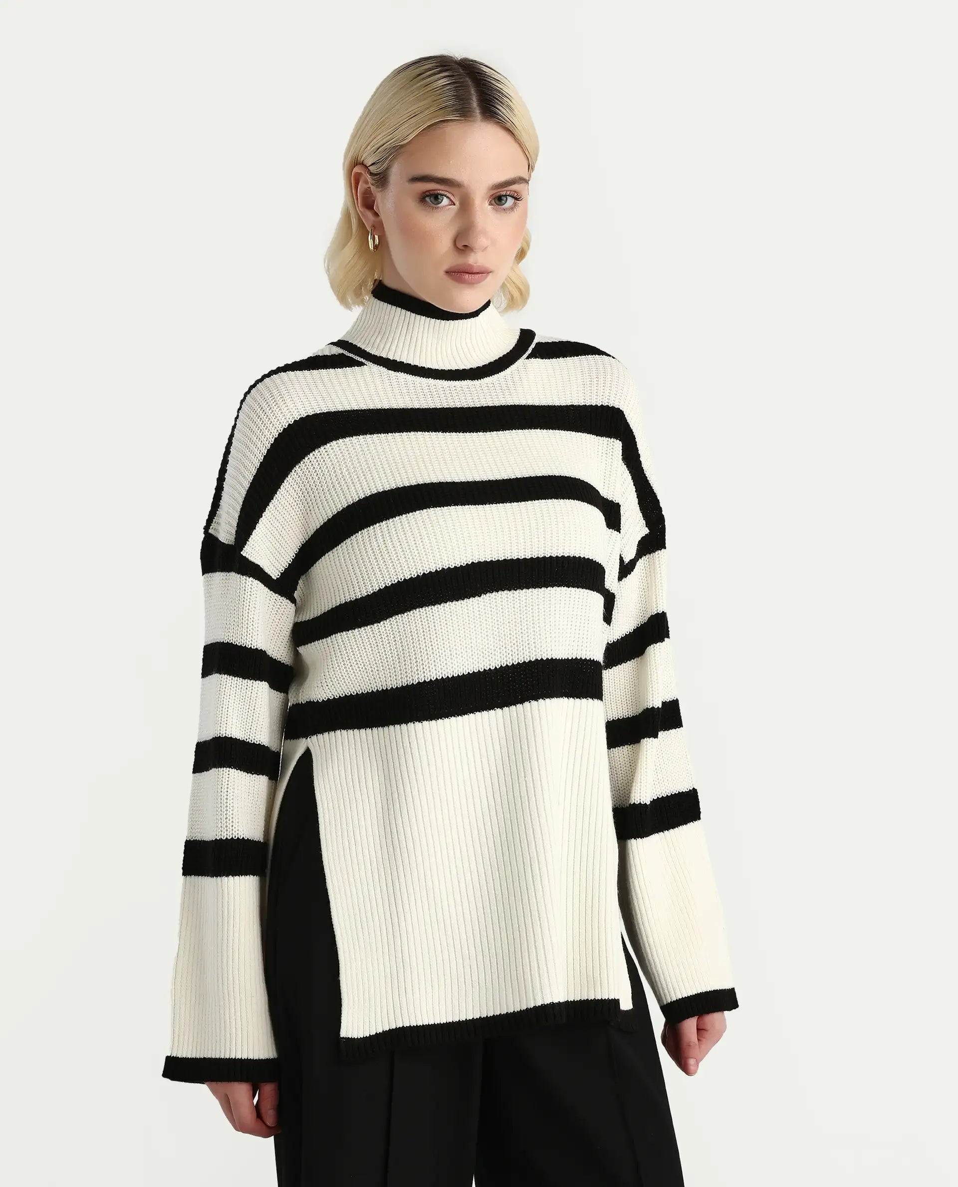 Rareism Women's Titania Black Acrylic High Neck Striped Relaxed Fit Sweater