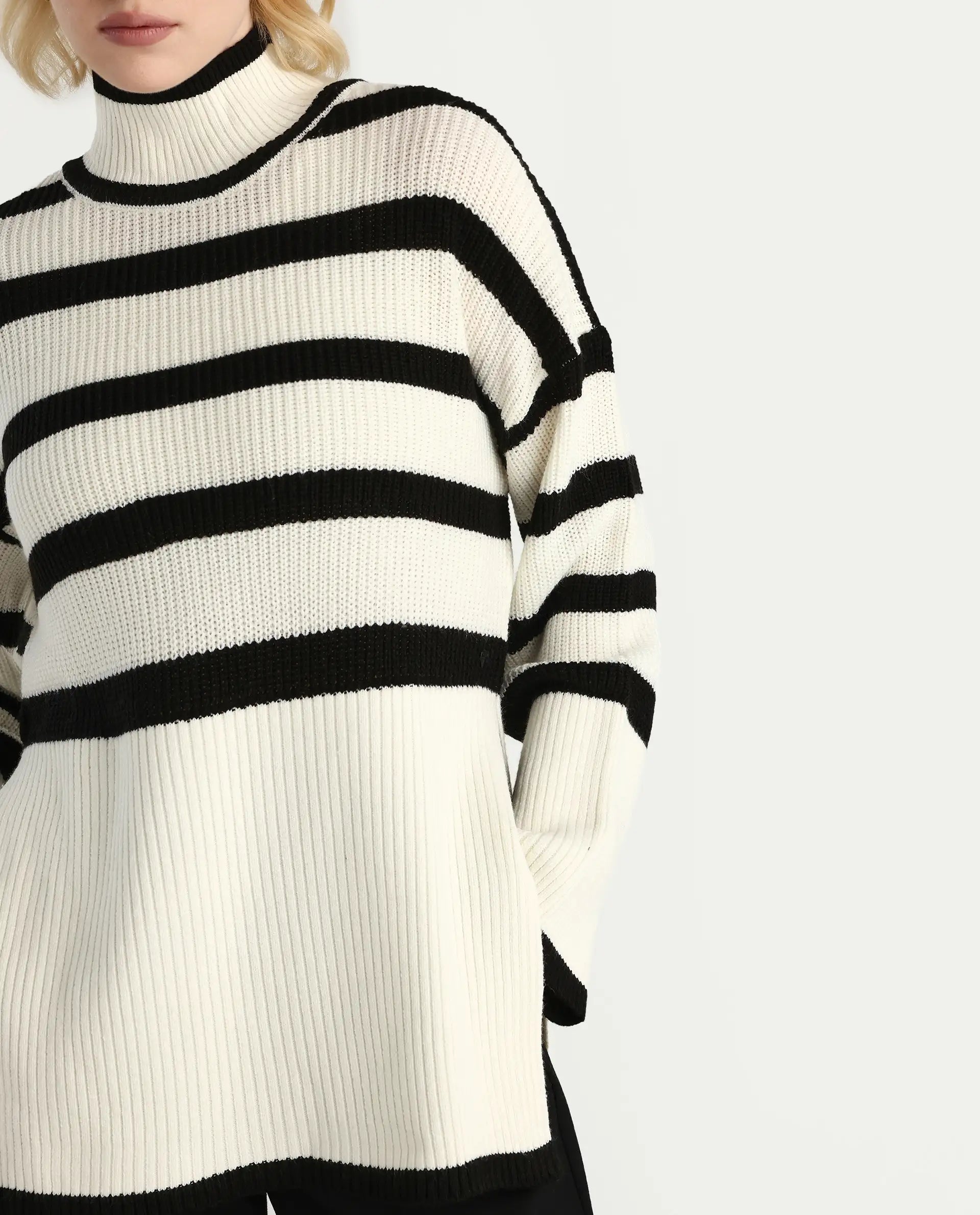 Rareism Women's Titania Black Acrylic High Neck Striped Relaxed Fit Sweater