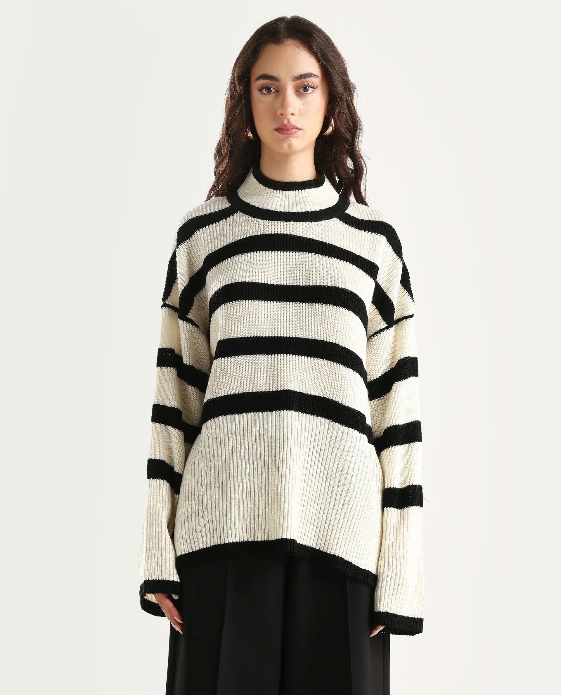 Rareism Women's Titanium White Acrylic High Neck Oversize Fit Striped Sweater