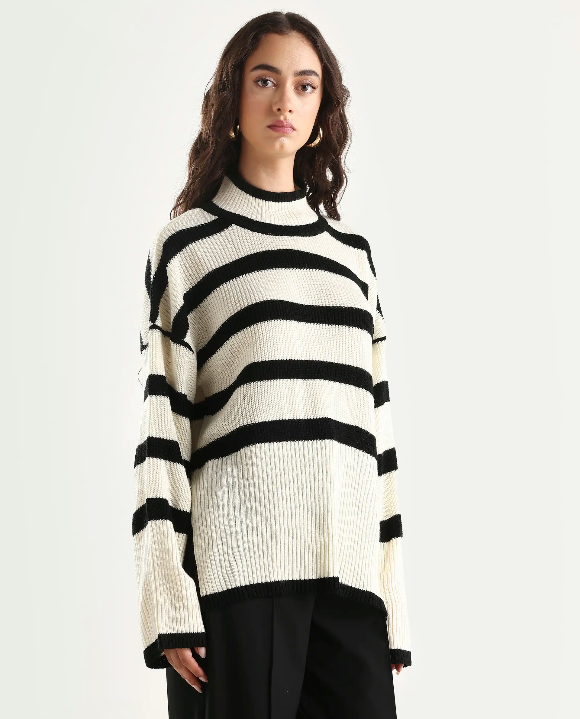 Rareism Women's Titanium White Acrylic High Neck Oversize Fit Striped Sweater